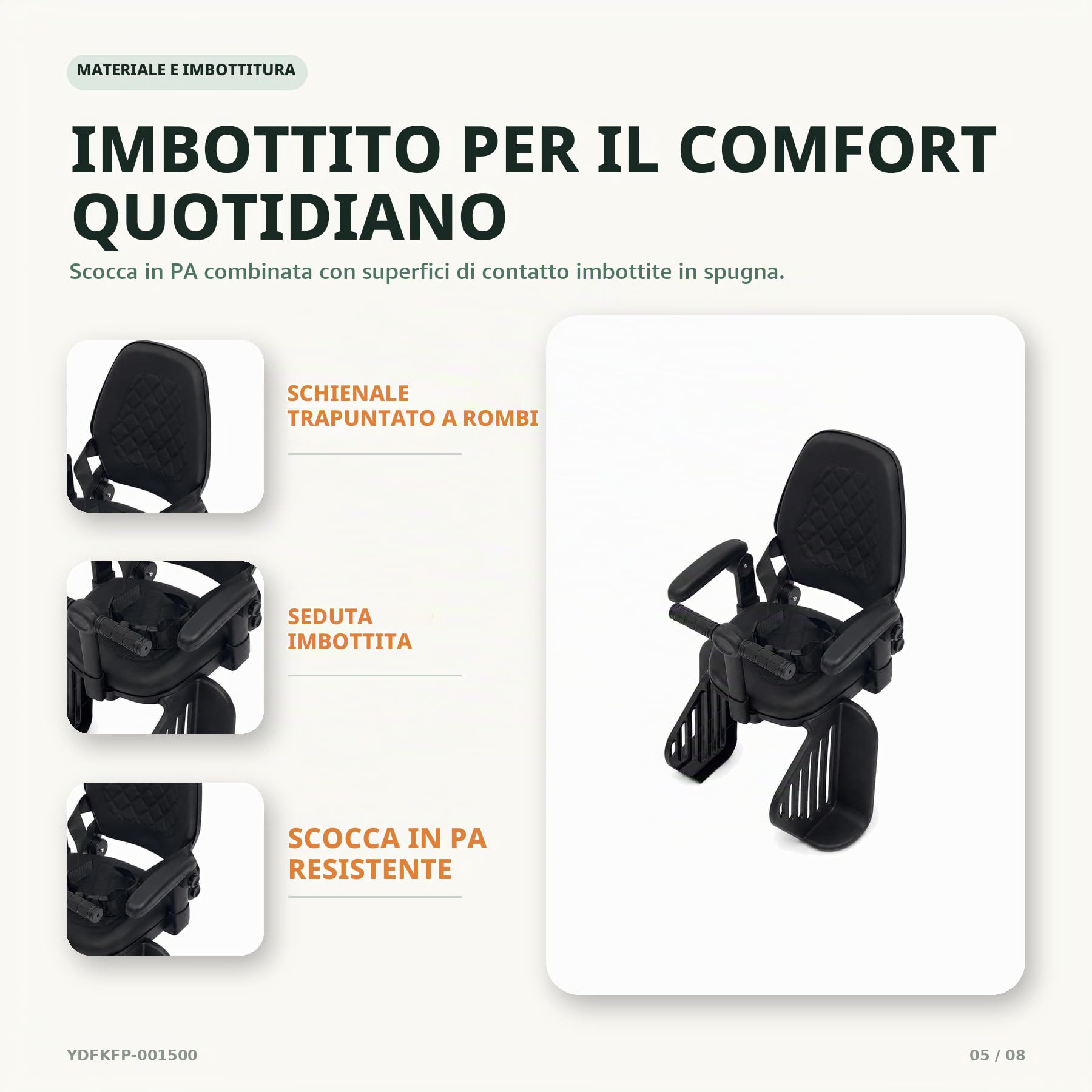 Seggiolino per bicicletta, sedile posteriore per bambini, fino a 50 kg, schienale alto con 3 posizioni, cintura di sicurezza a 5 punti e poggiapiedi, per bambini da 8 mesi a 8 anni