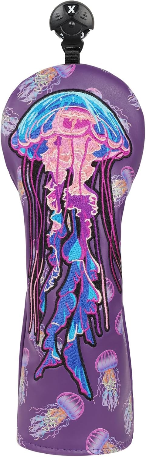 LZFAN Golf Club Head Covers Driver Fairway Wood Hybrid Golf Club Headcover Leather Protector Heavy Embroidered Colorful Jellyfish (Fairway)