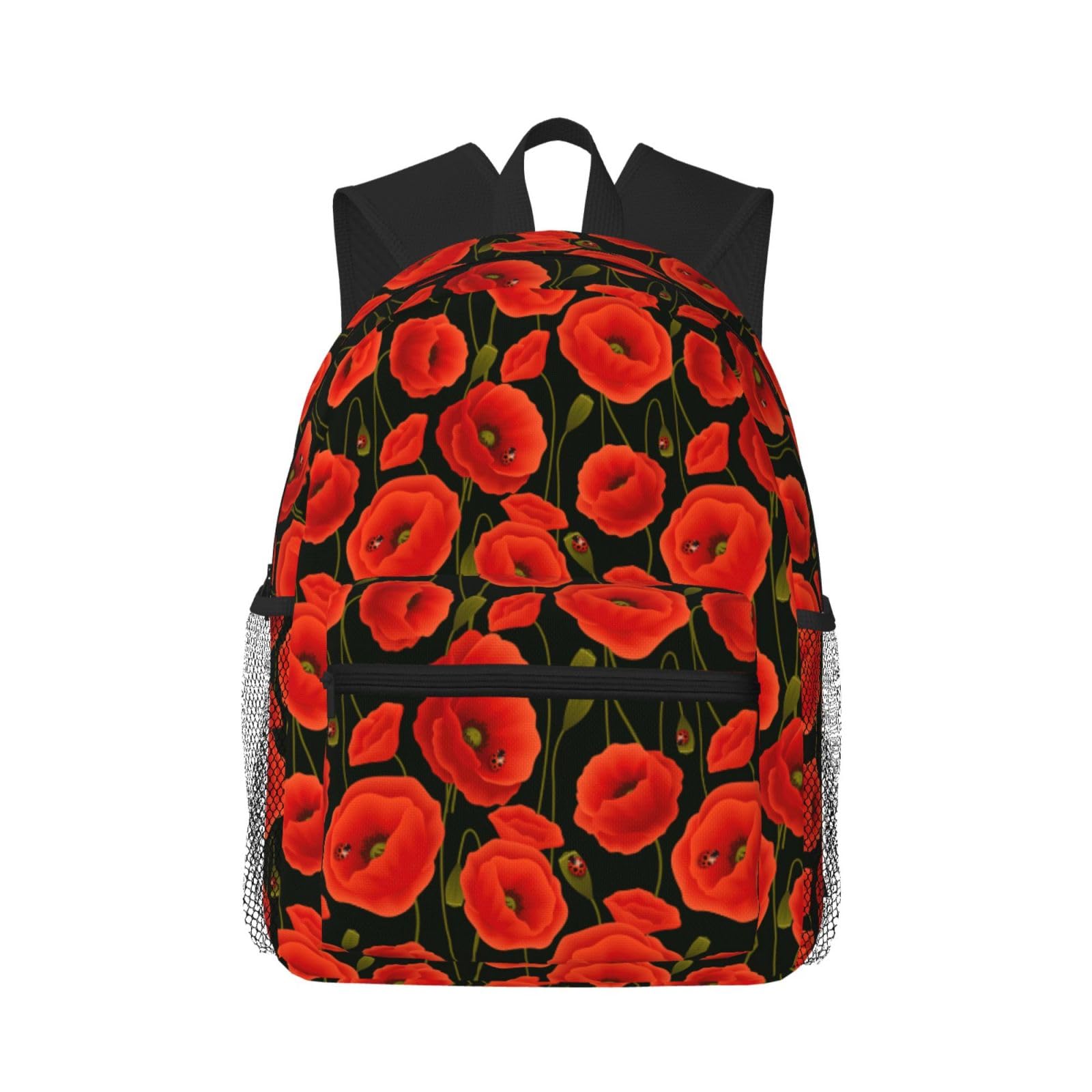 Yyoretp Unisex Black Poppy Flowers Print Casual Laptop Backpack,Classic Backpack For Travel Work, Lightweight Pack Back