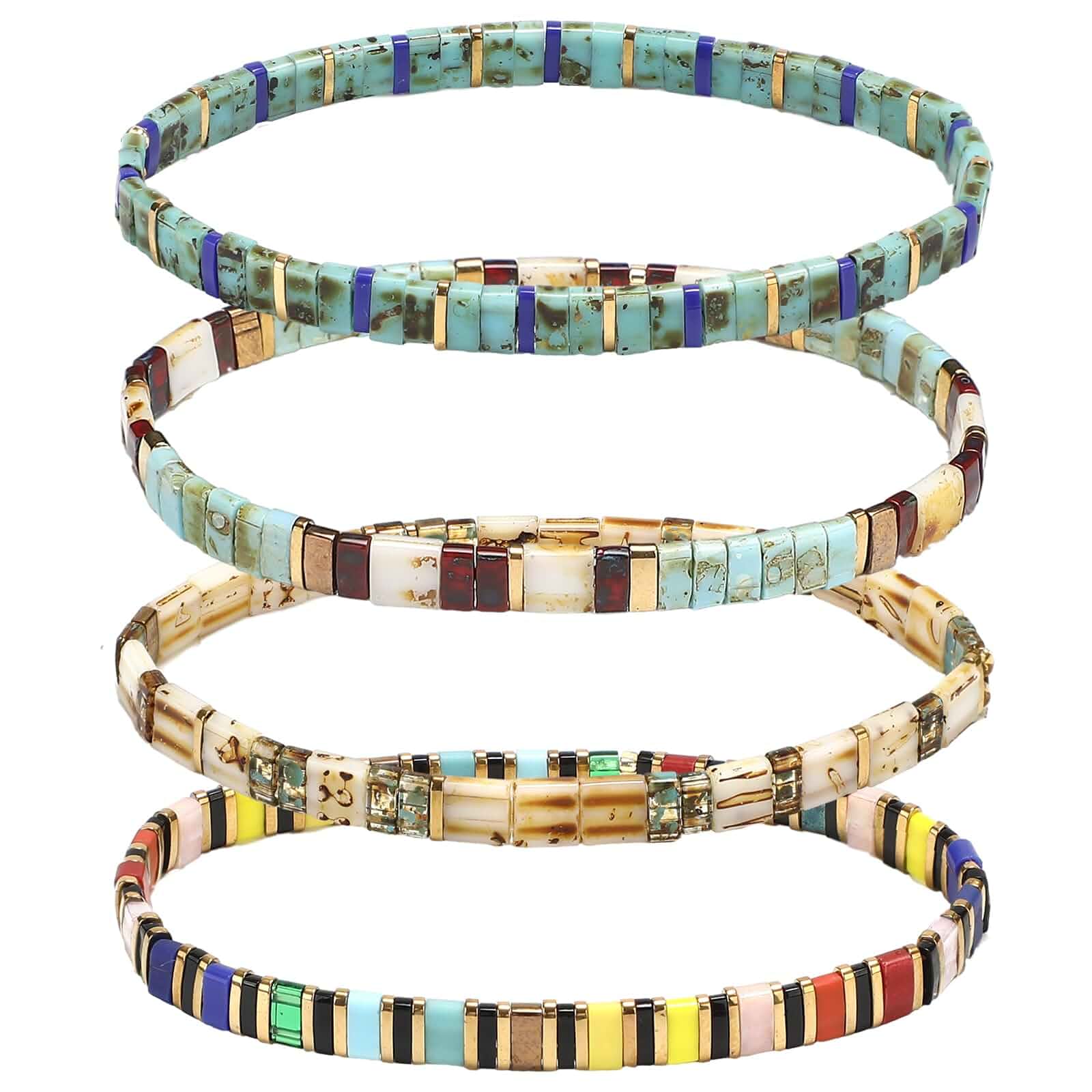 Jadive 4 Pcs Tila Flat Beaded Stretch Bracelets for Women Bohemian Friendship Bead Bracelets Glass Cute Boho Style Square Beaded Decorations for Jewelry Friend Gifts