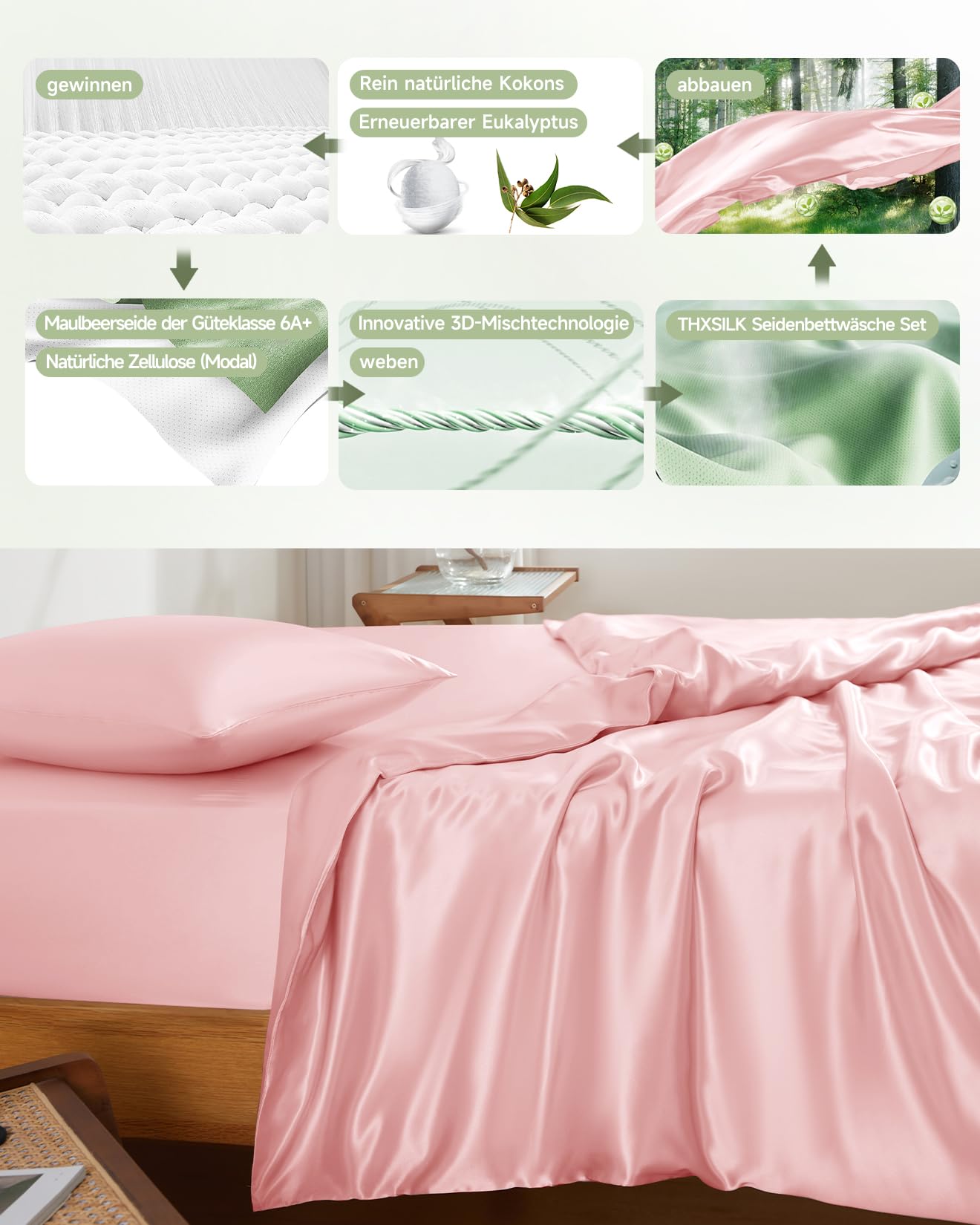THXSILK Seidenbettwäsche 155x220 3 teilig, Rosa Luxus Seide Bettwäsche Set Oeko-TEX, Bettbezug 155 x 220 cm und 2 Kissenbezüge 80x80 cm mit Reißverschluss, Super Weich und Glatt Küche, Haushalt & Wohnen