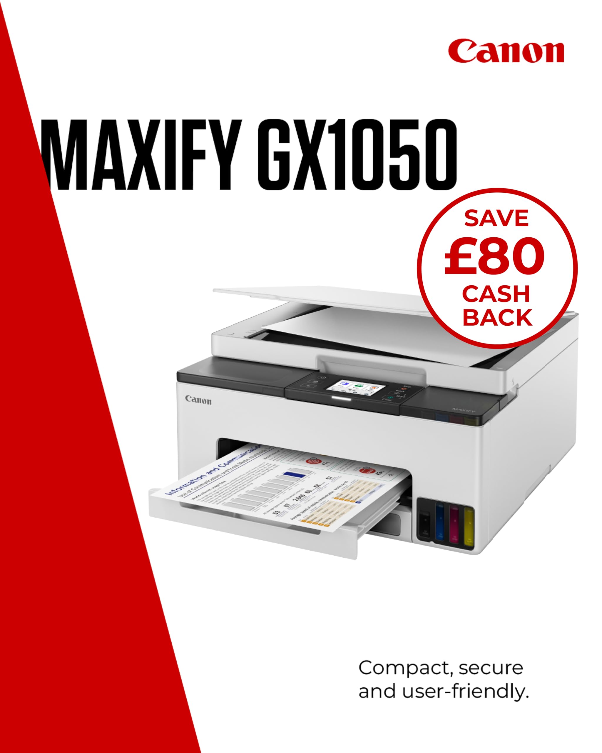 Canon MAXIFY GX1050 Ad inchiostro A4 600 x 1200 DPI Wi-Fi (Wi-Fi, print, scan, copy and cloud 15ppm [mono], 10ppm [colour] 250 sheet cassette Refillable ink tank USB, dual band wi-fi and ethernet)