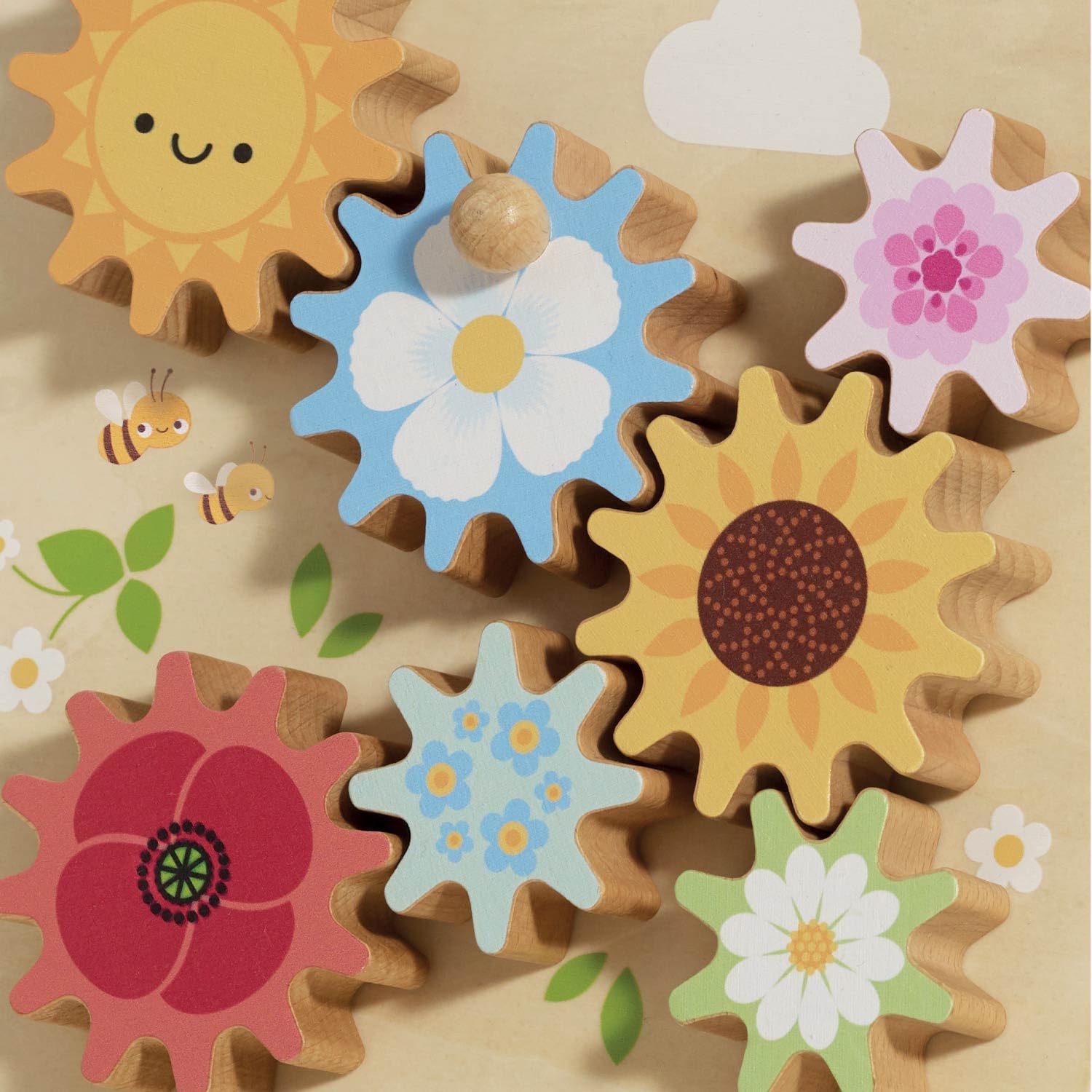 Le Toy Van - PL095 - Gioco educativo in legno per bambini 1 anno con 7 ingranaggi rotanti e 3 maniglie a forma di ape, giocattolo Montessori per lo sviluppo sensoriale e delle capacità motorie fini
