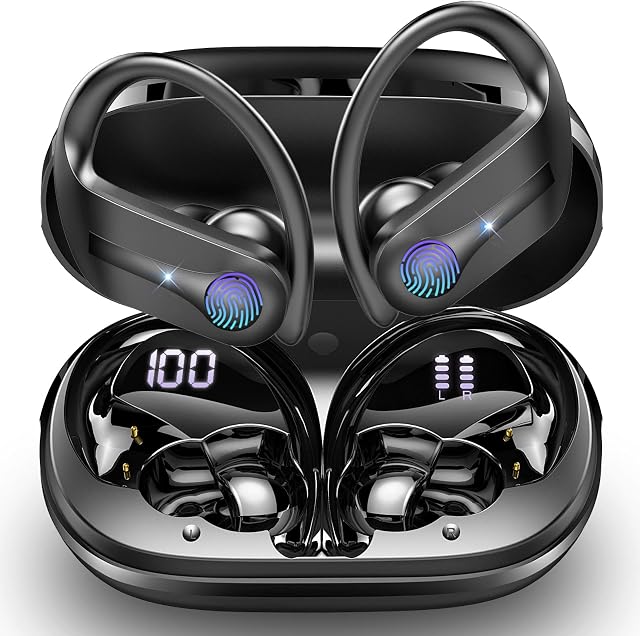 Wireless Headphones, Bluetooth 5.3 Headphones Sports Wireless Earbuds Hifi Stereo Noise Cancelling Headphones with HD Mic, 50H Playtime Bluetooth Earphones Dual LED Display, USB-C, IP7 Waterproof, Gym