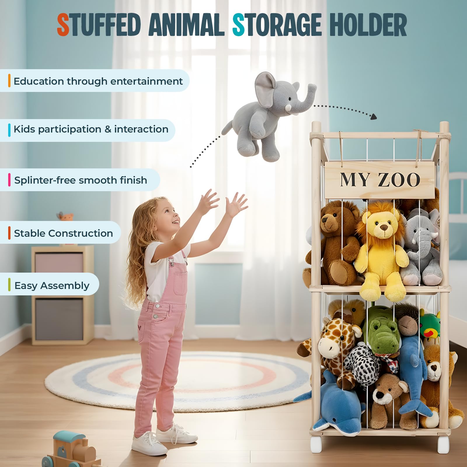 Porta Peluche Verticale a 2 Ripiani, Portapeluche con Ruote Frenate a 360°, Organizer per Animali di Peluche e Giocattoli, per Camera dei Bambini, Sala Giochi, Soggiorno, 95 x 40 x 40 cm