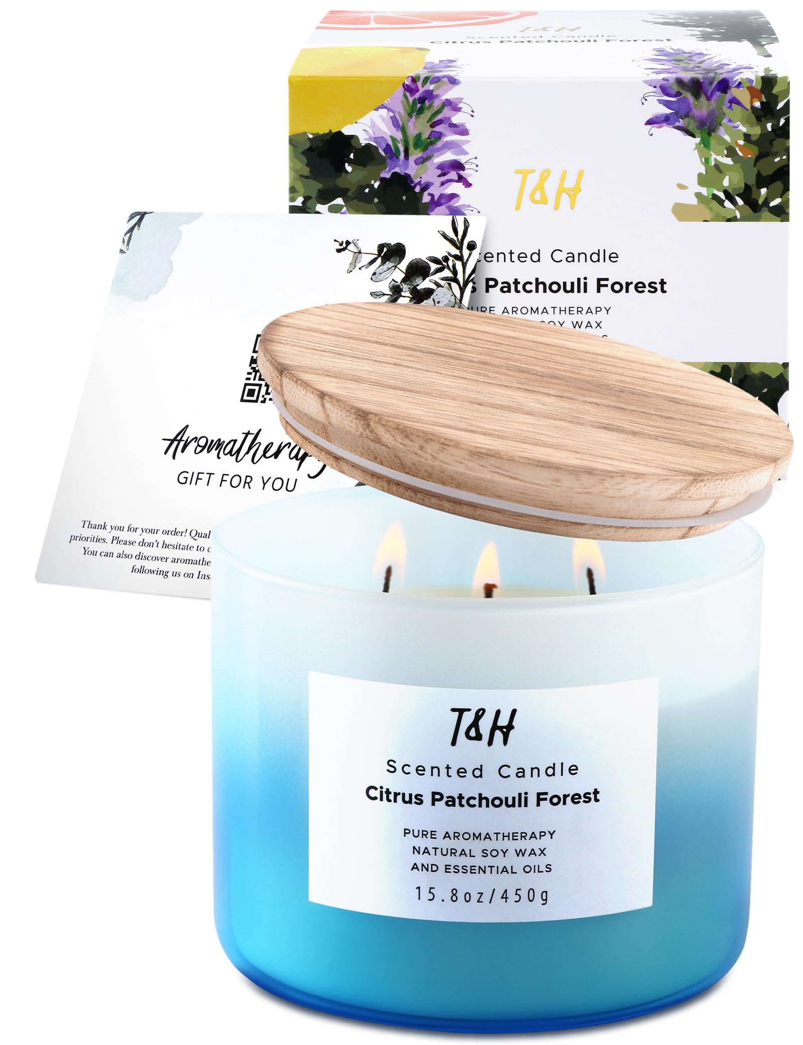 Zitrus-Patchouli-Waldkerze für Zuhause, natürliche 3-Docht-Soja-Kerze, beruhigende Aromatherapie-Kerze, Geschenk für Damen und Herren, 450 ml, große entspannende Kerze, stark duftend
