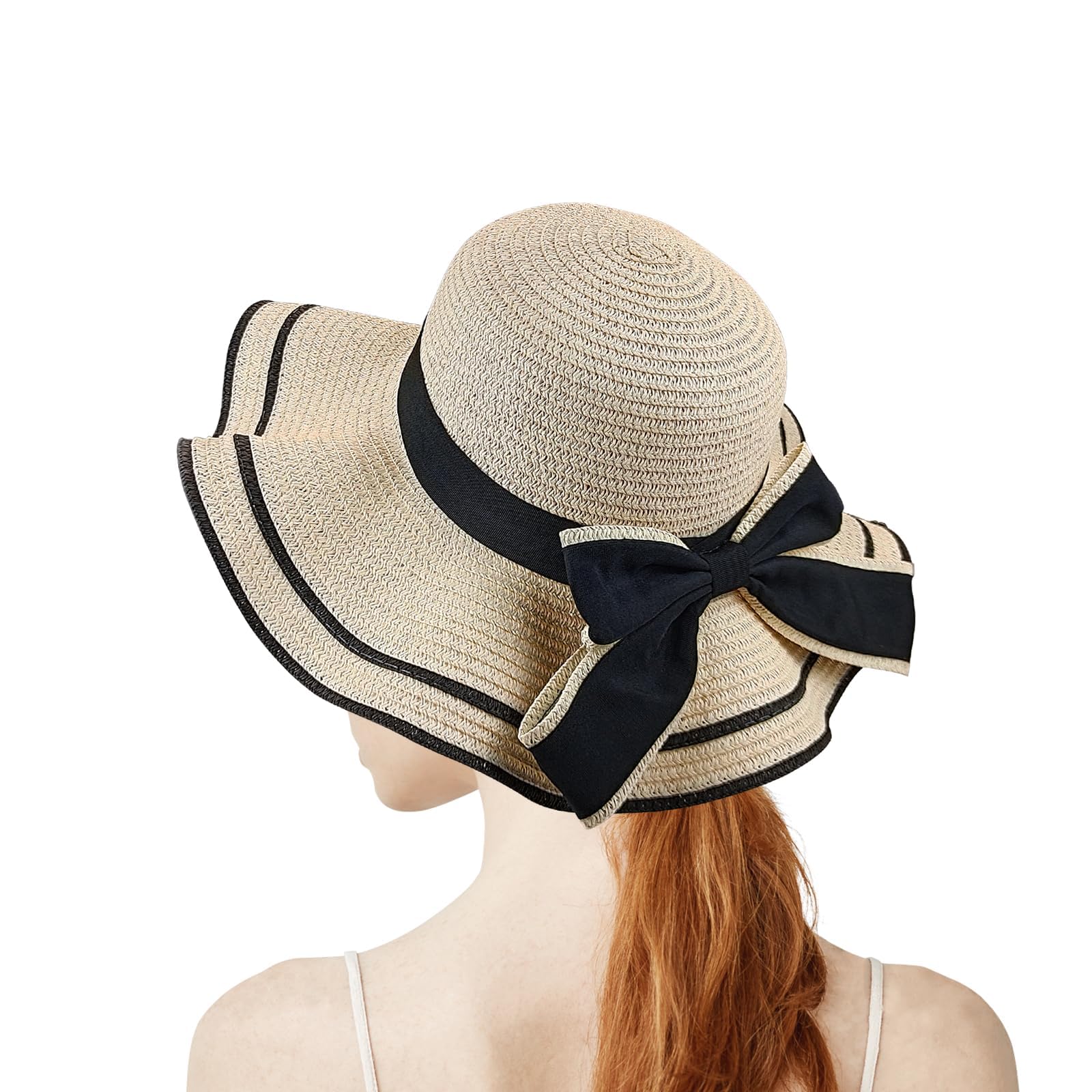 Sun Hat Wide Brim Straw Hat UPF 50+ Floppy Foldable Summer Hat UV Protection with Elastic Rope and Sweat Band, Sun Hat with Bow for Outdoor, Stylish Beach