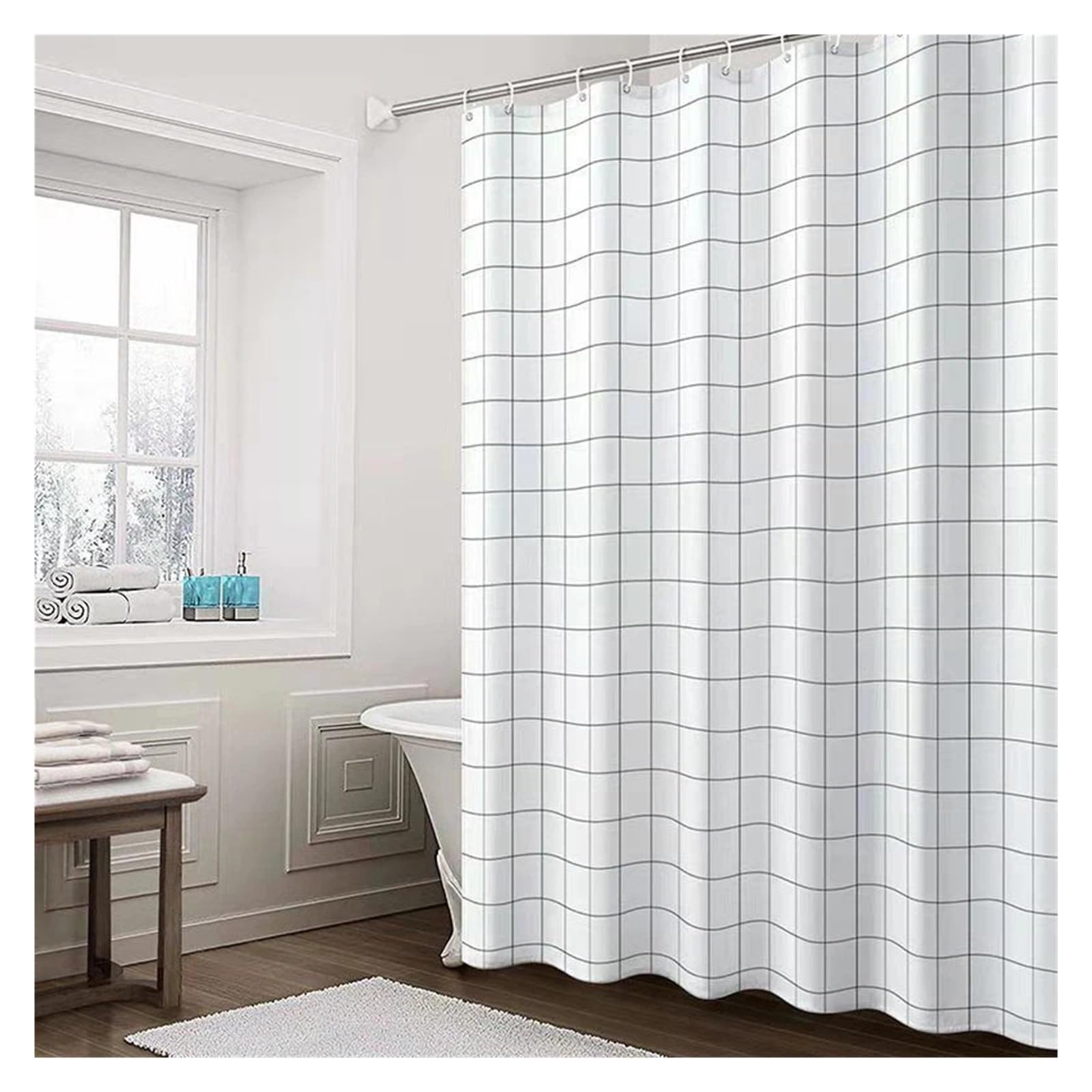 PIGENEQW Shower Liner Cloth Waterproof Bathroom Shower Curtain Waterproof Bathtub Bathing with Hooks(150x180cm)