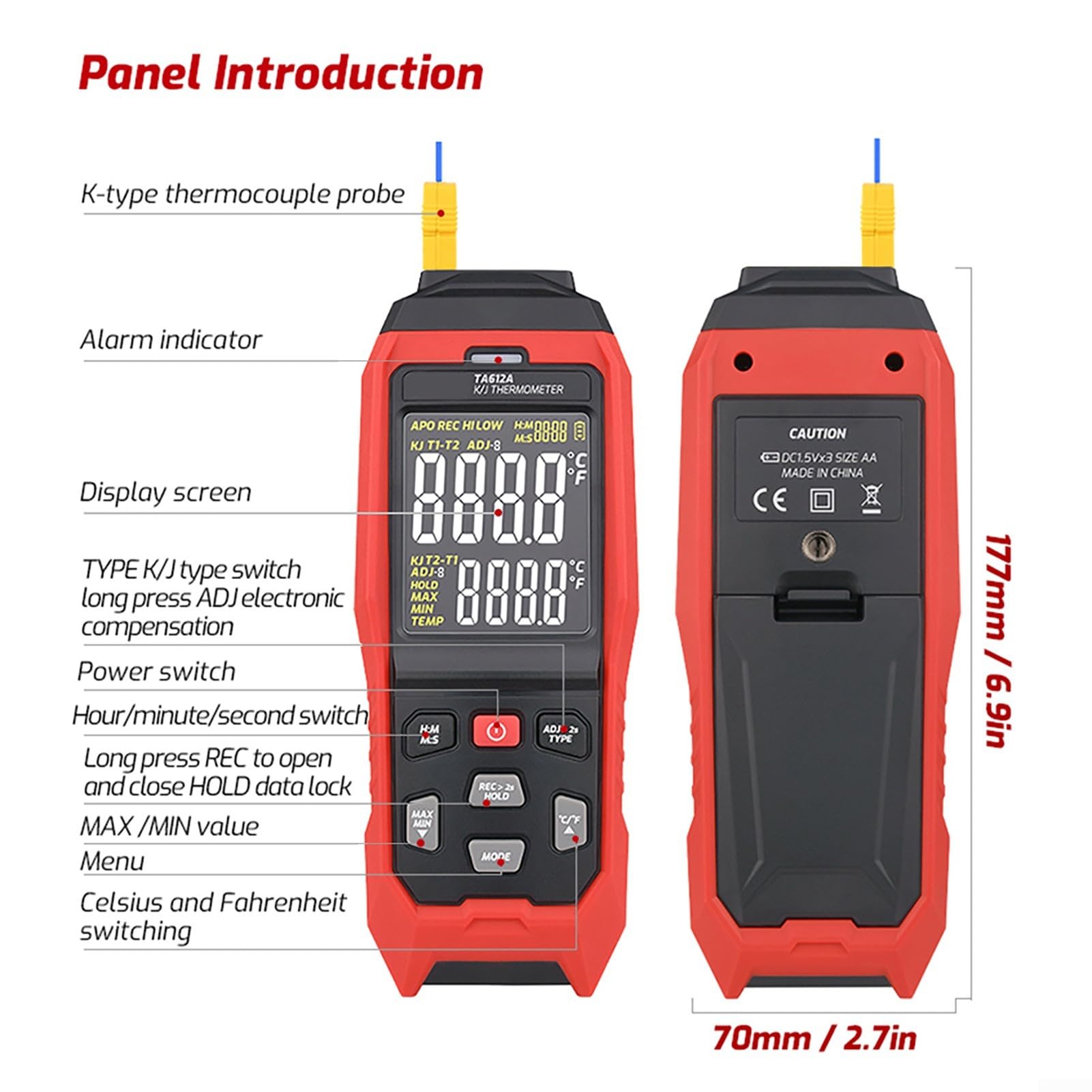 Digitales Thermometer Typ K/J mit Farbdisplay, -200 bis 1372 °C Bereich, Datenspeicherung und Alarm, USB-Upload, tragbar für industrielle Labortests +