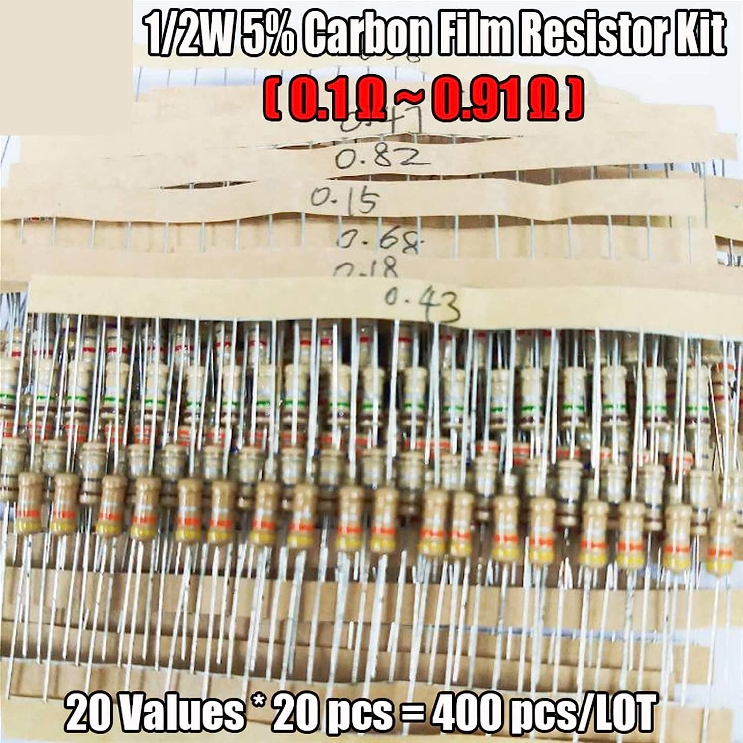 400pcs 1/2W 5% 0.1-0.91 Ohm 20valores Resistencias de película de carbono Surtido Kit Resistencia Replacement resistor