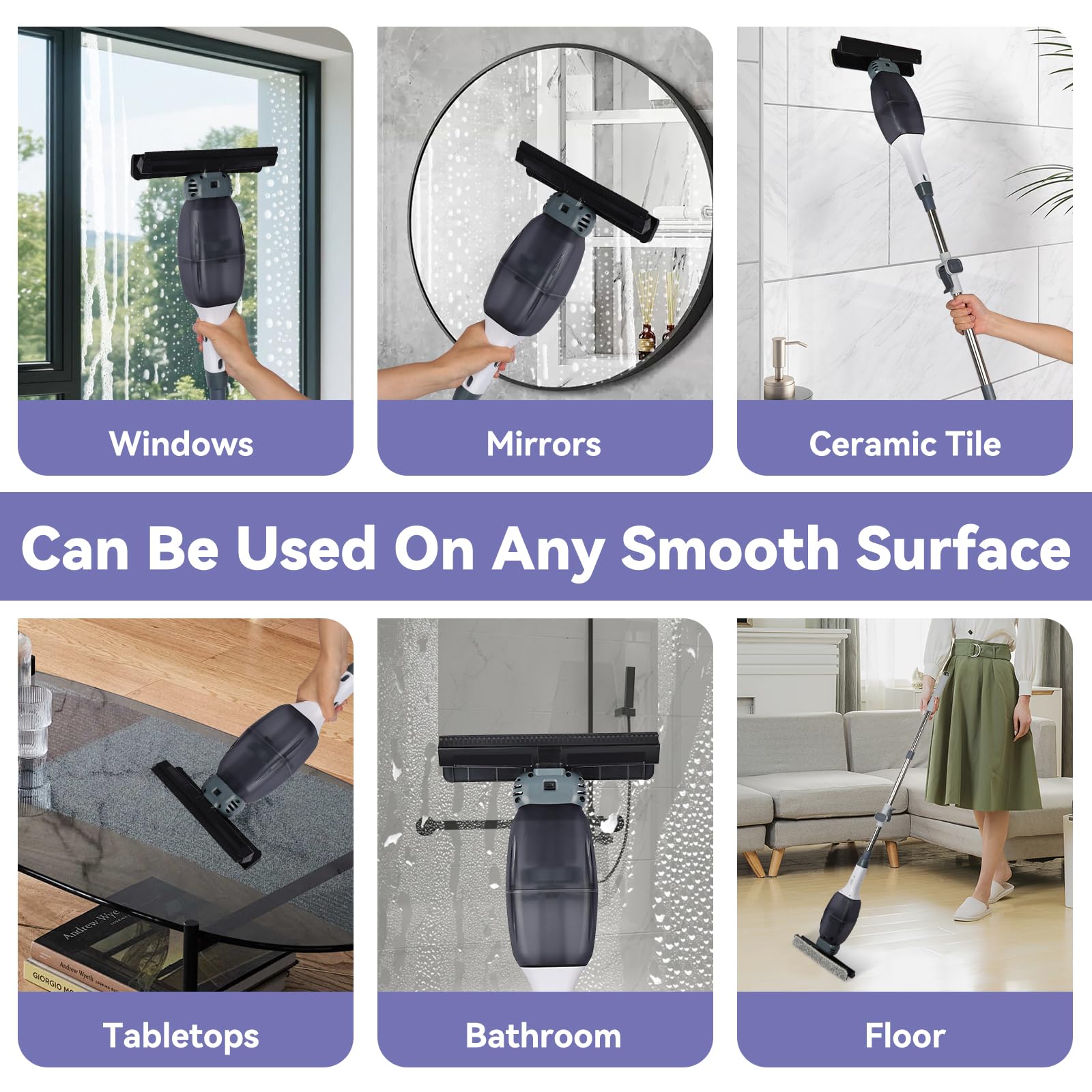 Nettoyeur Vitres Électrique sans Fil avec Manche Télescopique: 2000mAh, Raclette Vitre avec Pulvérisateur Intégré, Brosse Nettoyage 24cm pour Fenêtres Miroirs Carrelage