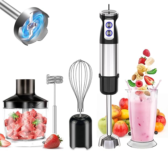 ZJRC Immersion Blender, 1000W 5-In-1 Hand Blender,12 Speeds &amp;Turbo Stainless Steel Handheld Stick Blender, with Whisk, Maxing Beaker, Milk Frother, Chopper Bowl(silvery)