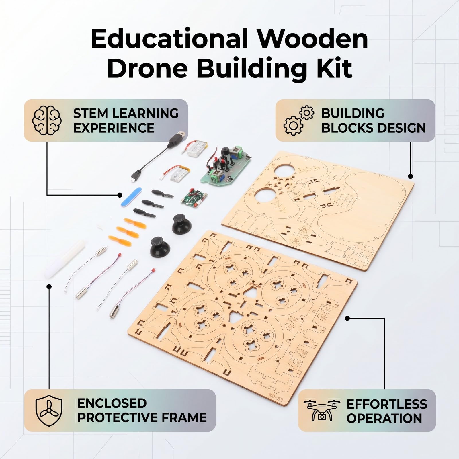 Sxhlseller Kit Modello di Drone RC in Legno per Adolescenti e Adulti, Set di Blocchi di Quadricottero in Legno di Faggio con Telecomando e Apprendimento STEM