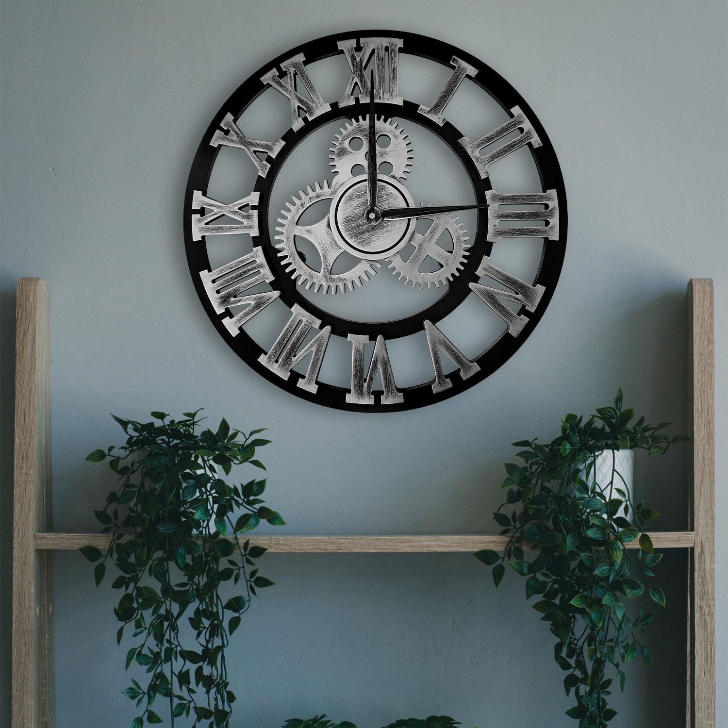 Reloj de Pared de Madera de Cuarzo con Números Romanos con Engranajes Vistos, Silencioso, no Hace tictac, para Sala de Estar, Dormitorio, Oficina, Cocina