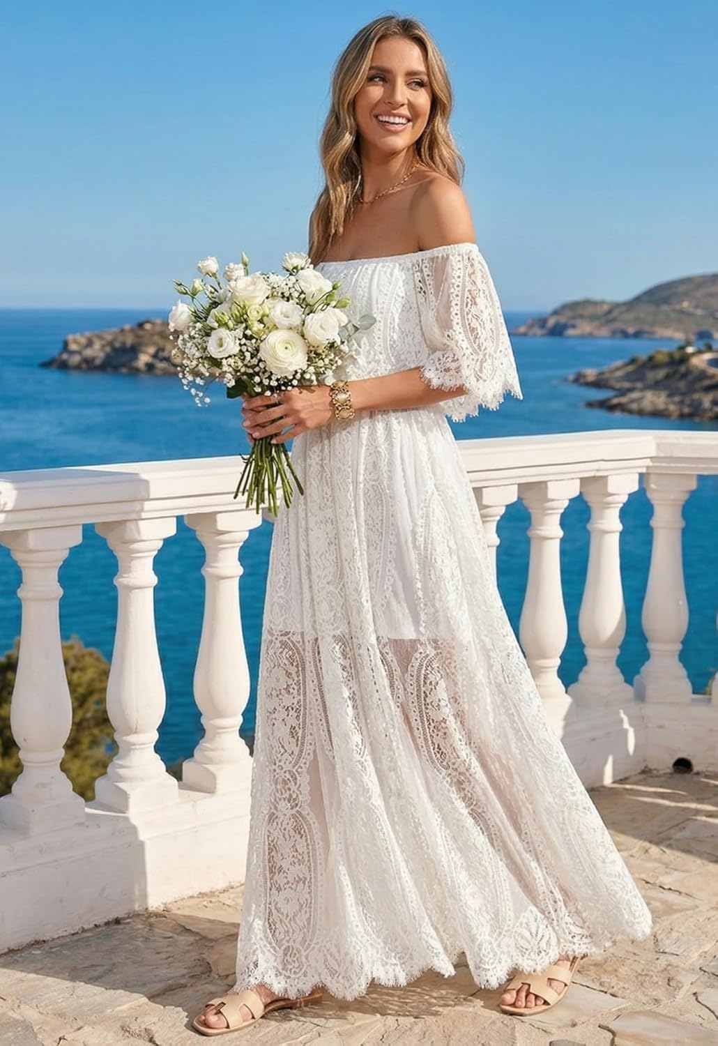 Holipick Women's Off Shoulder Lace Maxi Dress Boho Wedding Guest Bridesmaid Beach Formal Long Dress