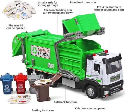 Miniatura 4 de OANMYJJO Garbage Truck Toys for Kids,Garbage Truck Metal Diecast Cab,Pull Back Garbage Truck Toy with Lights and Sounds,Recycling Truck Toy with