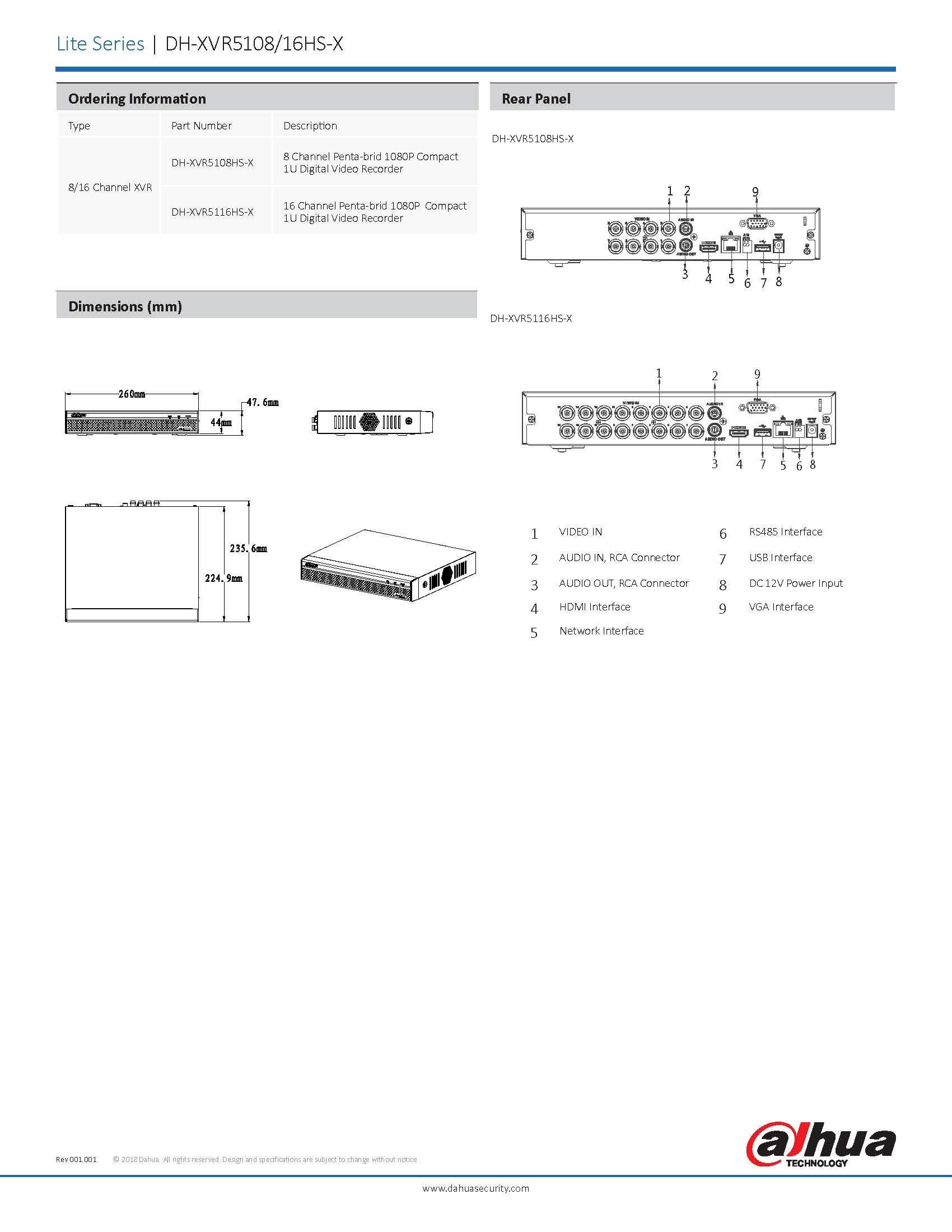 DVR 16 Canali 5in1 HDCVI+AHD+TVI+ANALOGICO+IP 1080P - Lite - Dahua
