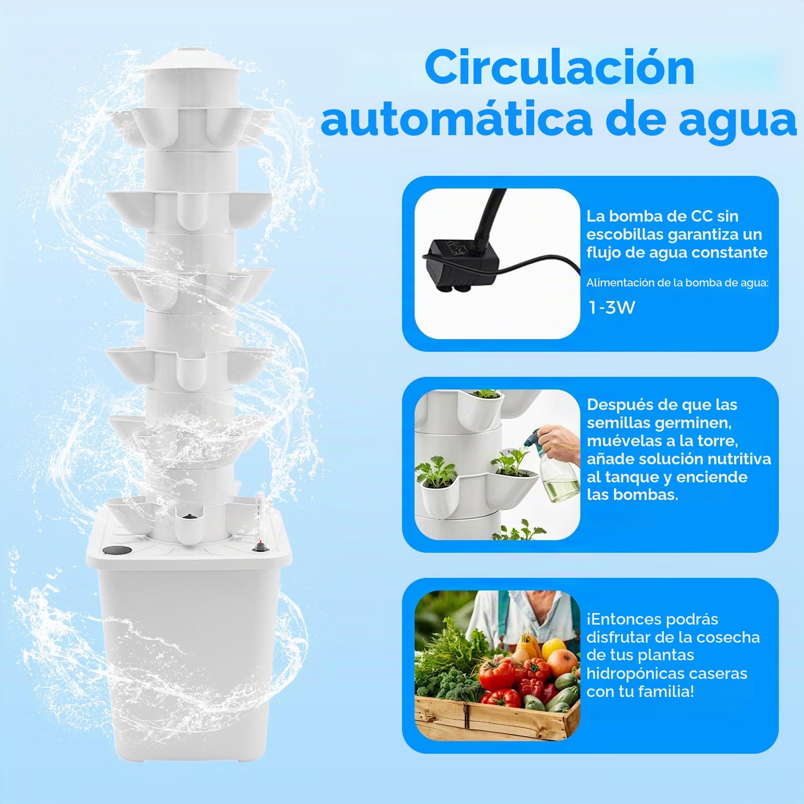Kit de Cultivo Hidropónico Vertical con 6 Niveles, 30 Agujeros para Plantar con Depósito de Agua de 40L, Sistema de Germinación para Balcones, Verduras