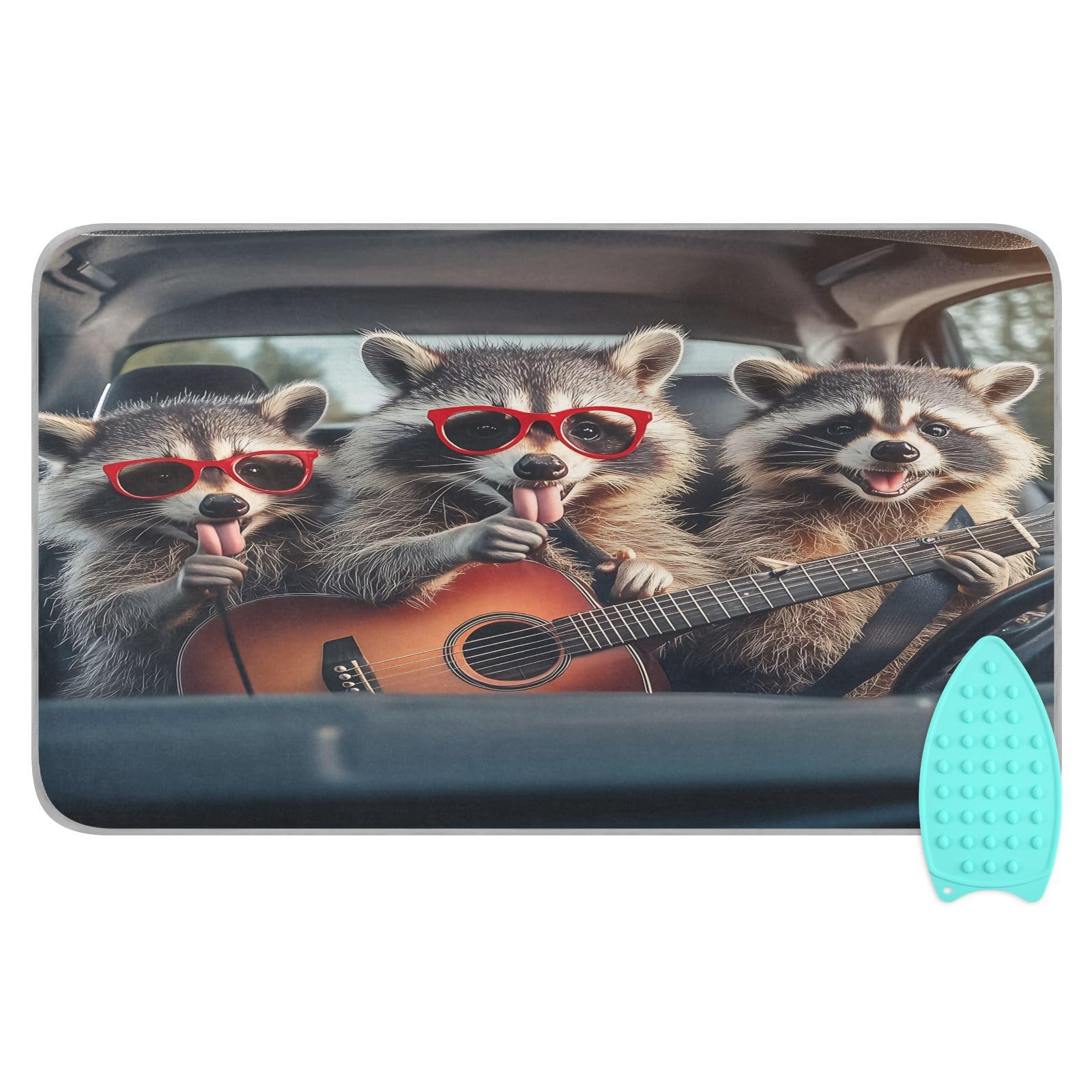 pnyoin Portable Ironing Mat Cute Raccoons with Glasses Travel Ironing Pad with Silicone Iron Rest for Steam Pressing on Tabletop or Bed Heat Resistant Portable Quilting & Travel Blanket