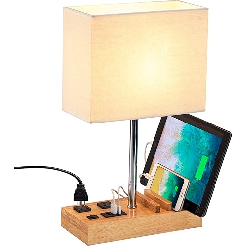 Dreamholder Desk Lamp with 3 USB Charging Ports, Table Lamp with 2AC Outlets and 3 Phone Stands, Nightstand Bedside Lamp with Natural Wooden Base and Cream Linen Shade