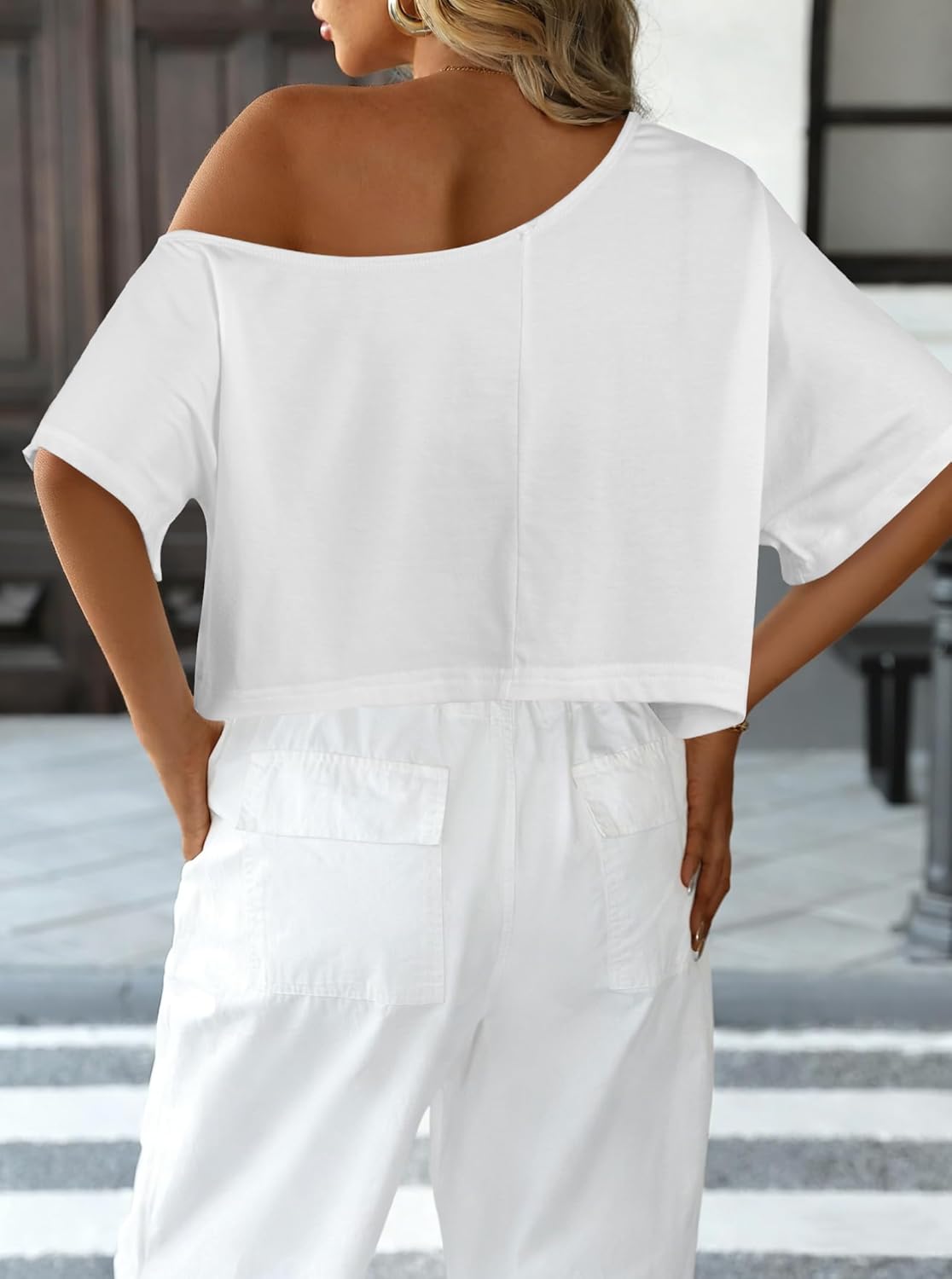 Remidoo Womens Off The Shoulder Tops Short Sleeve Crop Top Asymmetrical Neck T Shirt - Image 2