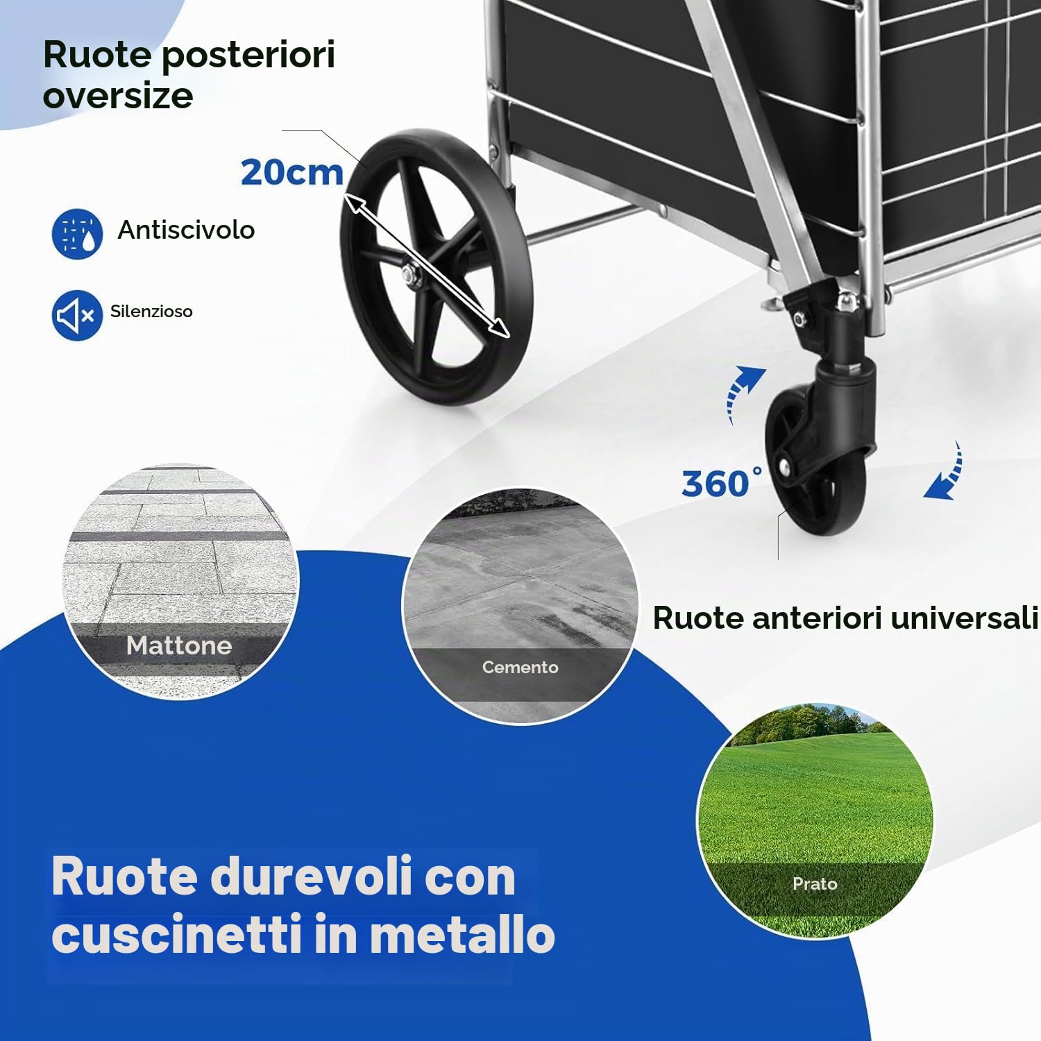 FANASK Carrello per la spesa pieghevole con borsa Oxford rimovibile e 2 cestini, argento su rotelle, carrello per la spesa, 150 kg, carrello multiuso