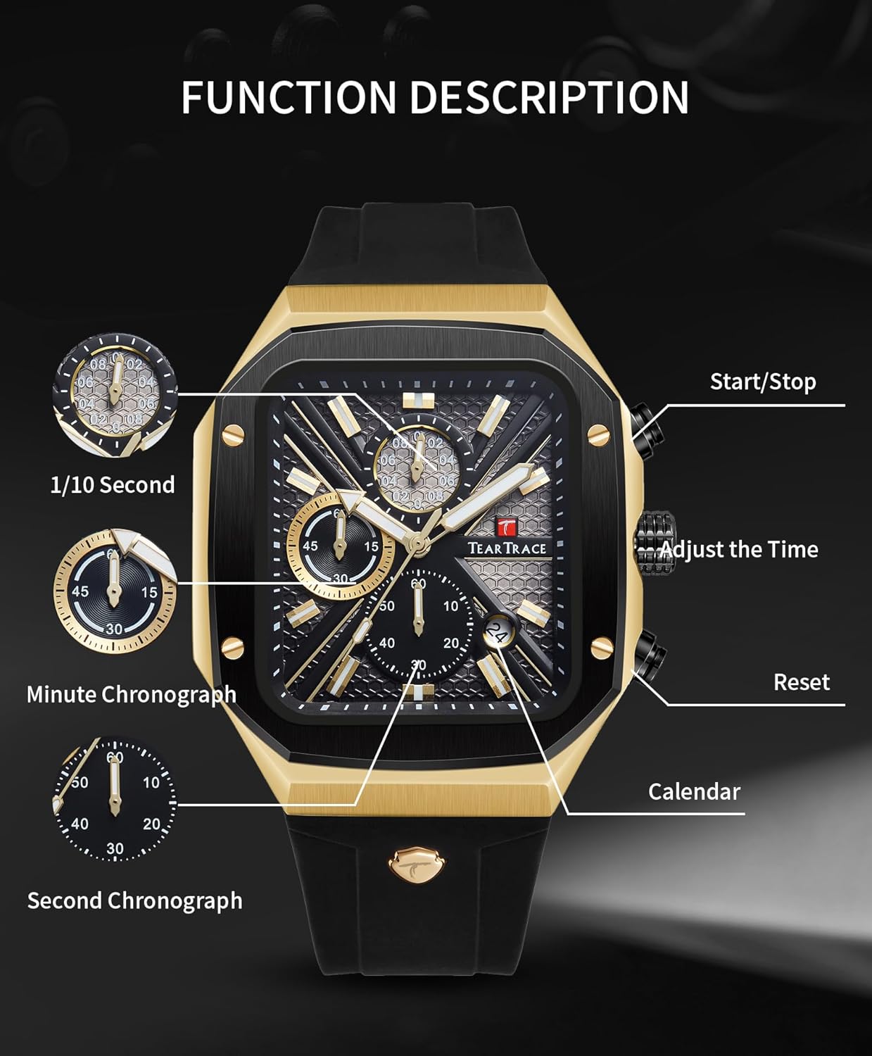 Rectangle Mens Watches Luminous Waterproof Luxury Dress Men's Wrist Watches Chronograph Analog Square Watch for Men with Silicon Strap - Image 5