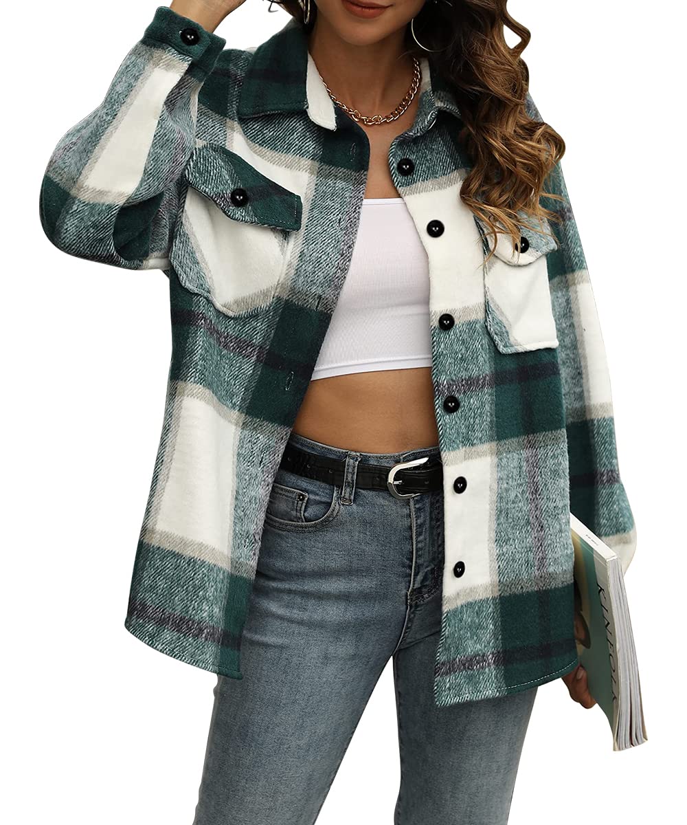 trendy queen womens flannel shacket jacket casual plaid wool blend button down long sleeve shirt fall clothes outfits 2022