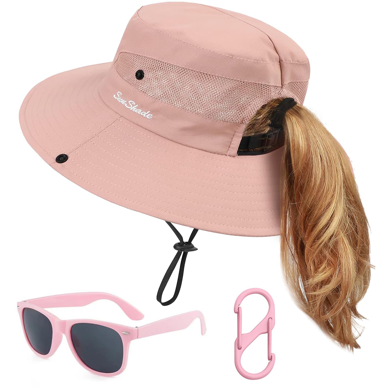 Kids Summer Sun Hat with Ponytail Hole Girls UV Protection Wide Brim Beach Cap with Sunglasses and Hat Clip Age 5-12