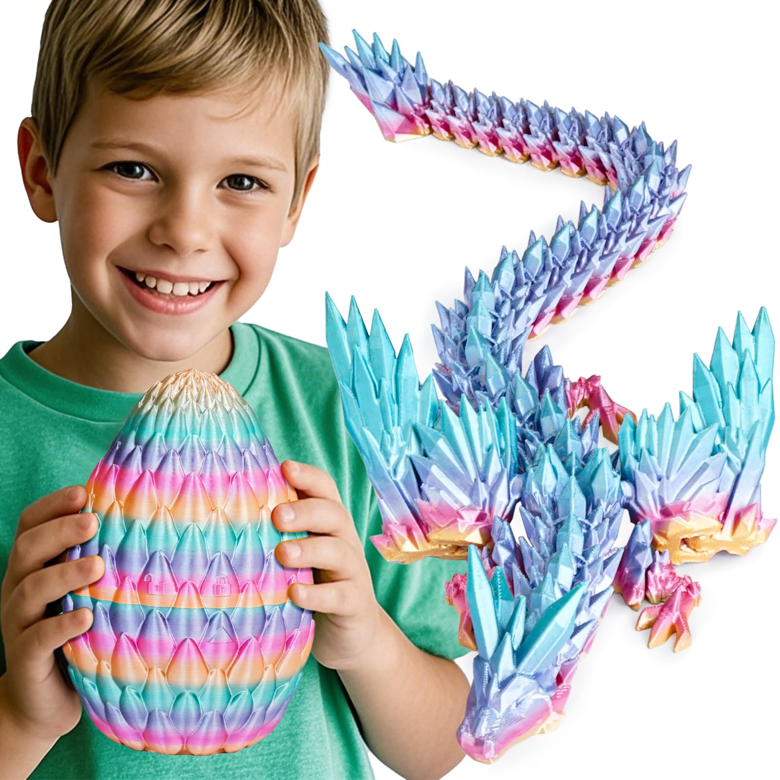 Large 3D Printed Dragon Egg with Articulated Winged Dragon Inside, Collectible Figurine Fidget Toy for Adults Kids, Birthday Easter Stocking Fillers for Friends Colleagues,Rainbow