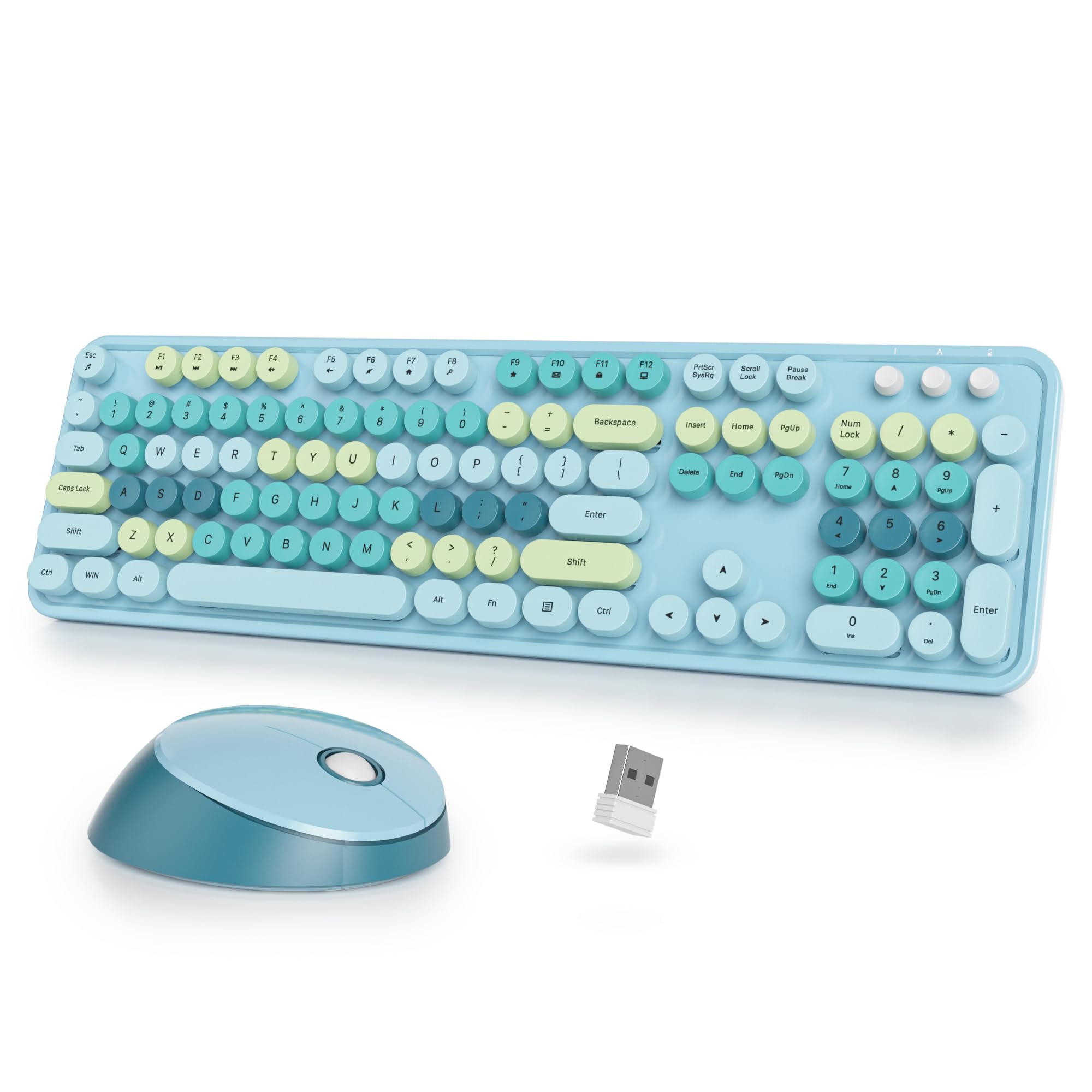 Cute Teclado y Ratón InalÔmbrico, Vistosa de MÔquina de Escribir teclado Retro con Teclas Redondas,2.4GHz Fullsize,Americano QWERTY