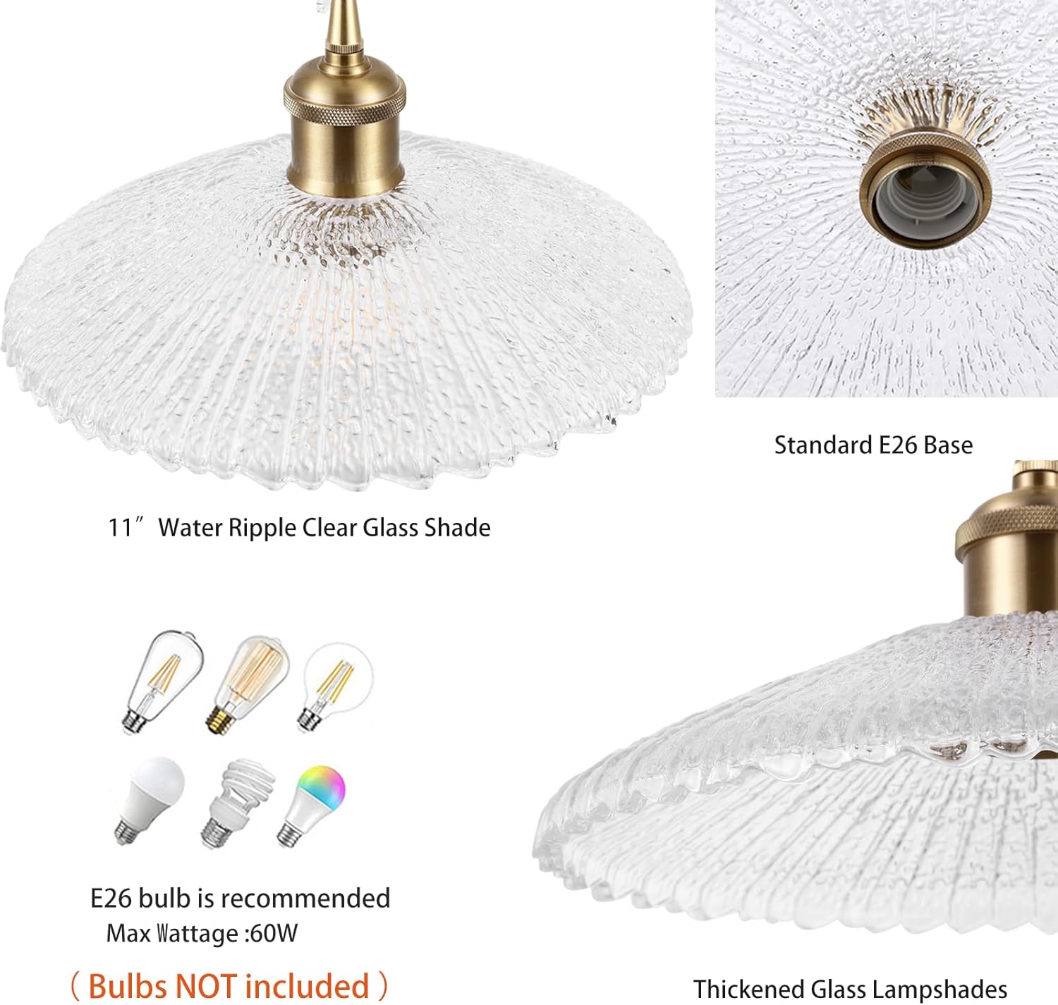 Modern Large Pendant Light 11 Inches Water Ripple Clear Glass Shades Brushed Brass Gold Hanging Lamp Farmhouse Adjustable Ceiling Hanging Lights Kitchen Island Dining Room Bedroom