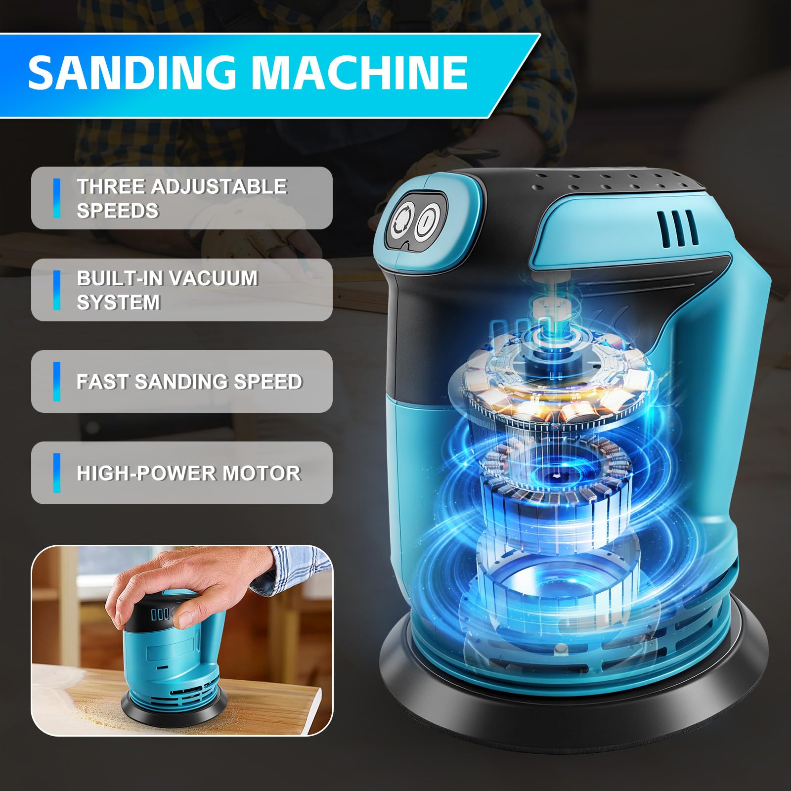 Levigatrice eccentrica per batteria Makita 18V, levigatrice a batteria da 125 mm, 3 velocità con contenitore per la raccolta della polvere e 20 fogli abrasivi (batterie non incluse)