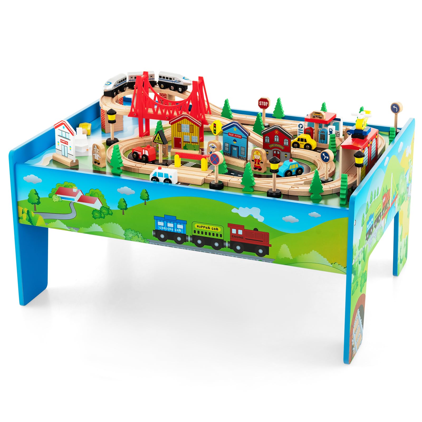INFANS Train Table, 80 Pieces Wooden Kids Activity Toy Table Playset with Reversible Detachable Tabletop, Tracks, Train, Railway, City, Gift for Toddler Boys Girls Ages 3+ (Classics)