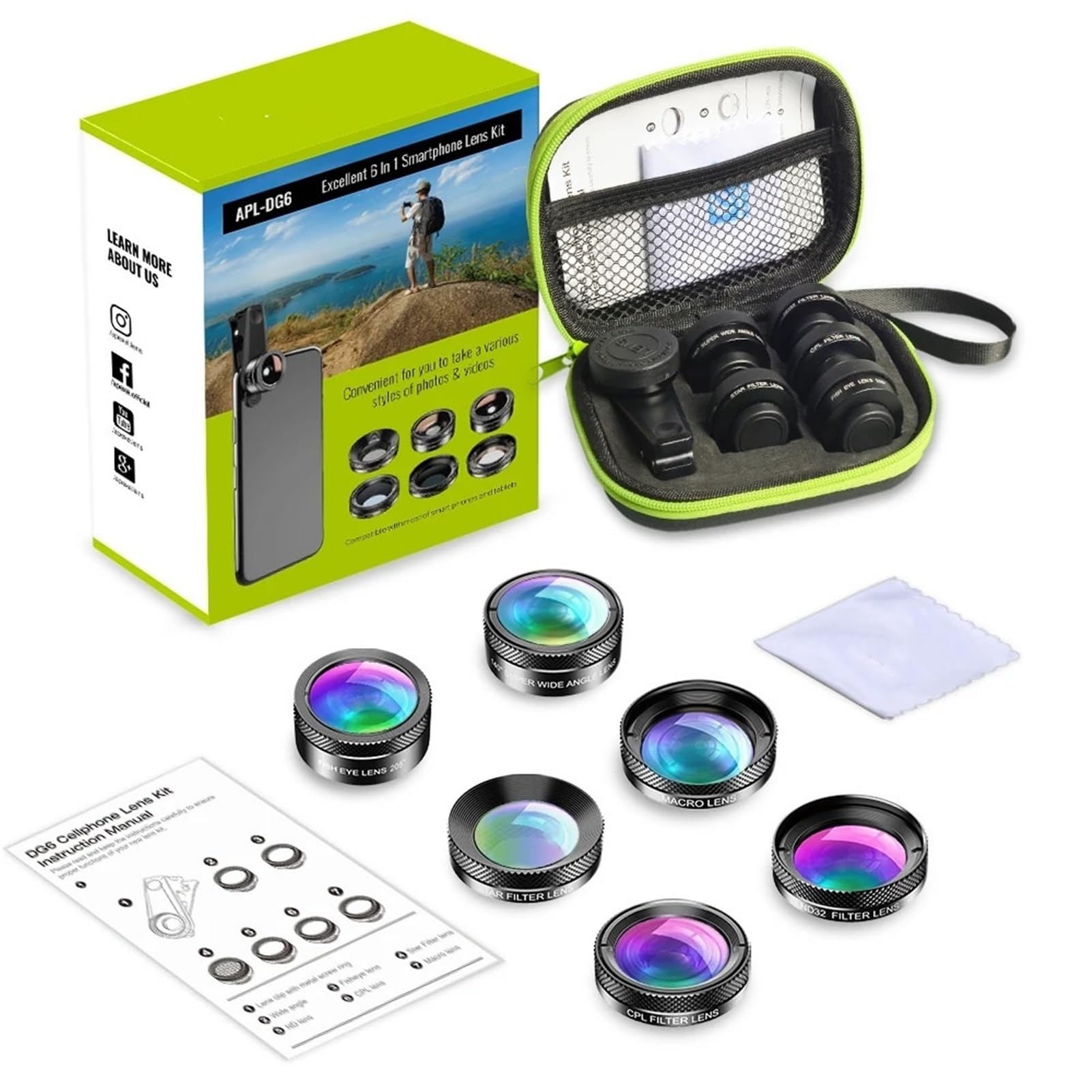 Kit de Lentes de cámara de teléfono Universal 6 en 1 Lente Ojo de pez Lente Macro Gran Angular Filtro CPL/StarND32 for Casi Todos los teléfonos Inteligentes