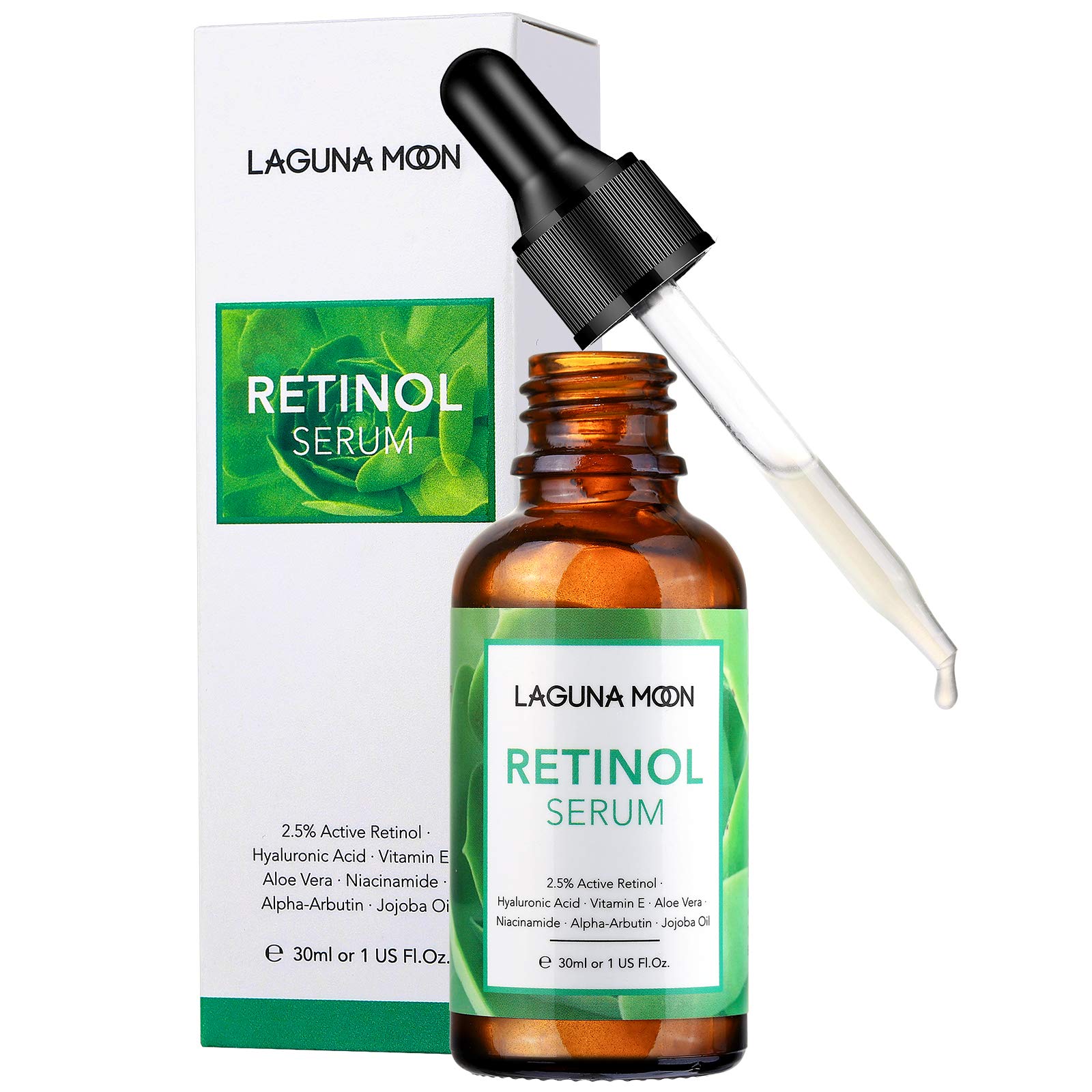 Lagunamoon 2.5% Retinol Serum for Face, Anti-Aging Moisturizing Face Serum for Smooth Fine Lines & Wrinkles, Hydrating Skin with Hyaluronic Acid & Vitamin E, 30ml/1oz