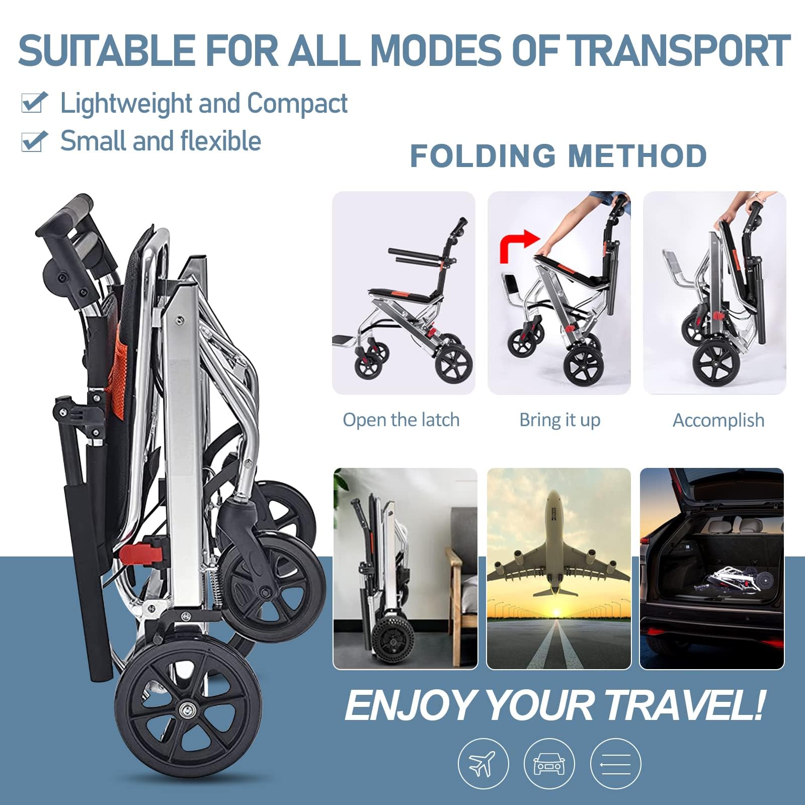 Silla de ruedas plegable y ligera, portátil para viajes y uso doméstico, soporta hasta 150 kg