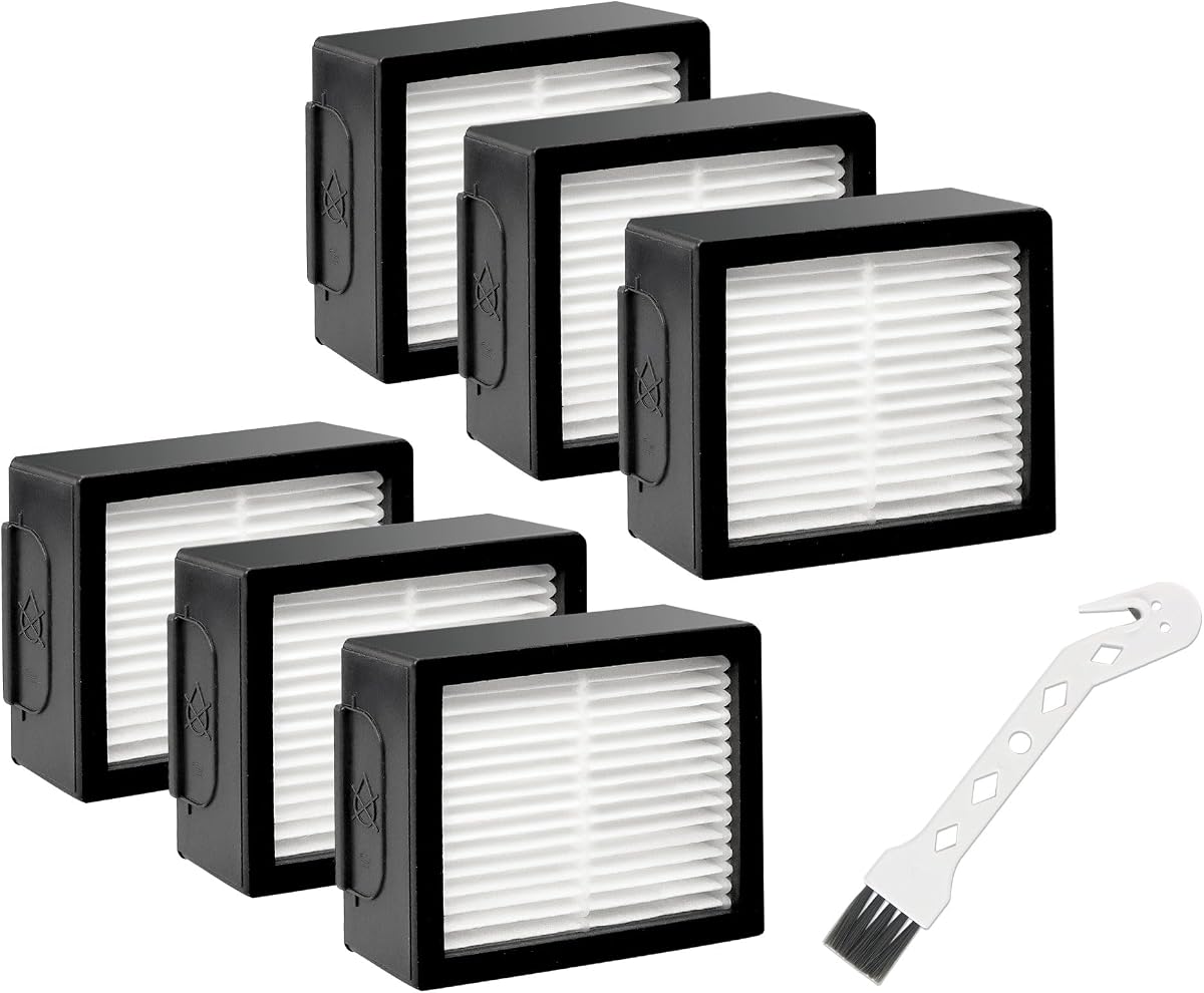 Filters Replacement for iRobot Roomba E I J Series j7 i1+ i3 i3+ i4 i5 i6 i7 i7+ i8 i8+ E5 E6 E7 Vacuum Cleaner Parts by Techecook - 6Pack 4639161 High efficiency Filters+1 Cleaning Brush