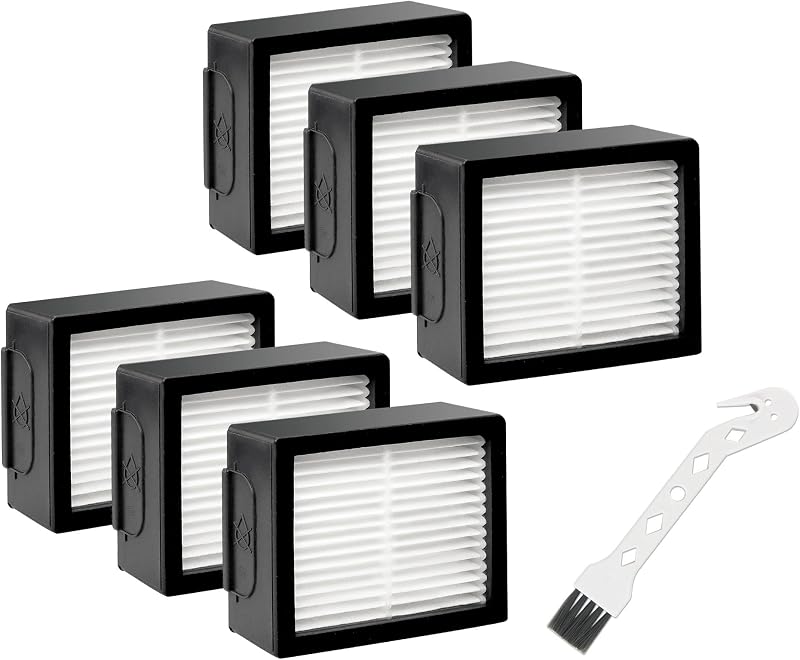 Filters Replacement for iRobot Roomba E I J Series j7 i1+ i3 i3+ i4 i5 i6 i7 i7+ i8 i8+ E5 E6 E7 Vacuum Cleaner Parts by Techecook - 6Pack 4639161 High efficiency Filters+1 Cleaning Brush