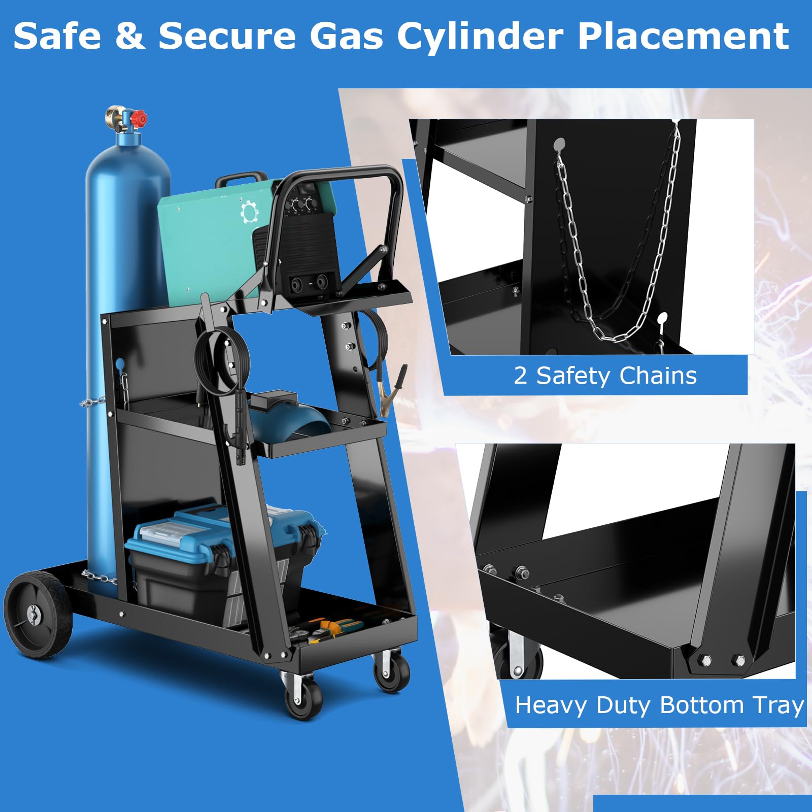 SOARS - Carro de taller para almacenamiento de herramientas de 3 niveles, con 2 cadenas de seguridad y bandeja inferior, 2 ganchos laterales, carga 50 kg, 70 x 38 x 87 cm, para taller, garaje