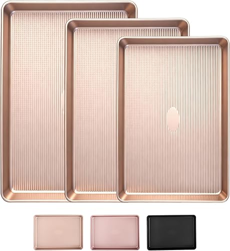 Juego de 3 bandejas antiadherentes para hornear, bandejas de galletas resistentes para horno con patrón de textura de rayas, moldes de 0.024 in de