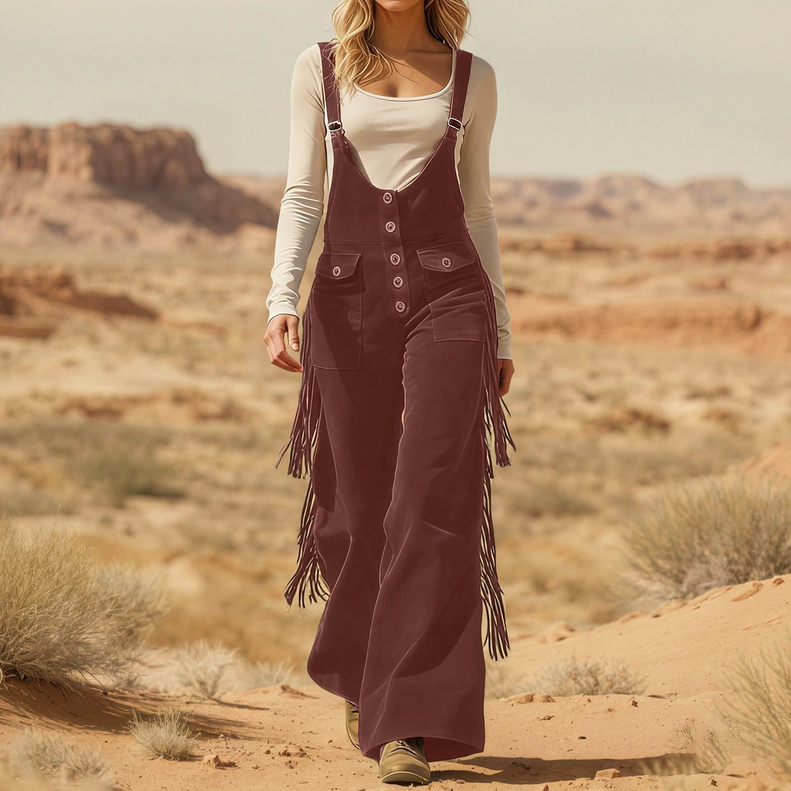 Generisch Tuta da donna elegante in stile western con frange, gamba larga, salopette lunghe