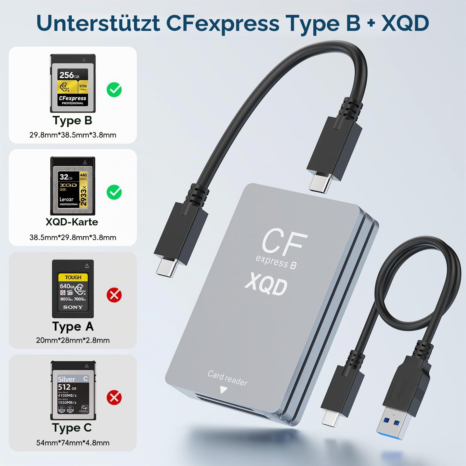 CFexpress Type-B Kartenleser & XQD & SD Kartenleser 3 in 1, USB 3.1 (Gen 2) 10Gbps CF Express Typ B Leser Adapter Card Reader mit UAB-A & USB-C-Kabel kompatibel mit Windows/Mac/Linux/Android