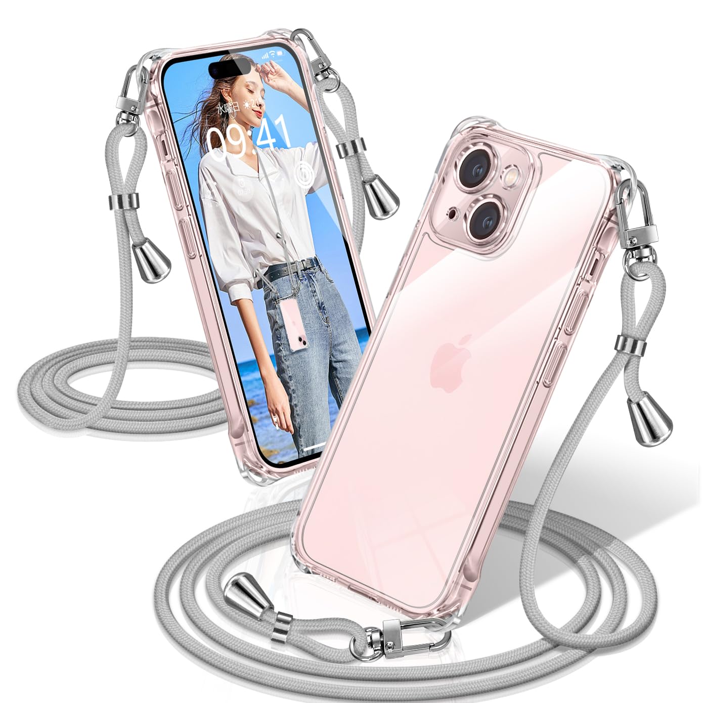 XIOYATY 用の iPhone 15 ケース クリア ショルダー アイフォン15 カバー 耐衝撃 スマホケース 透明 織りストラップ付き 肩がけ 首掛け 紐付き 縄掛け 斜めがけ クロスボディ 多目的キャリー ファッションデザイン TPUスマホ (グレー)