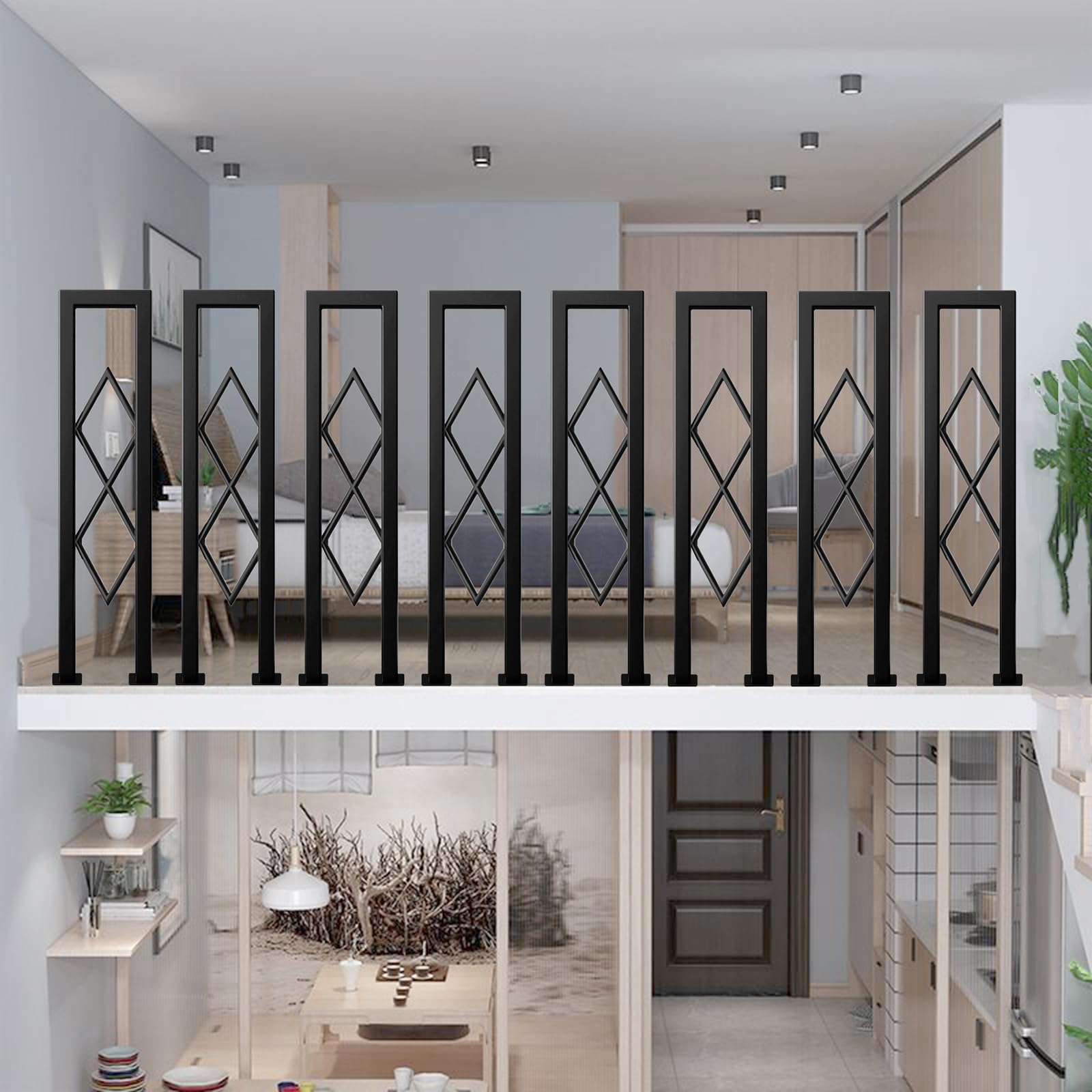 Ringhiera per Scale Interne, Corrimano Forma di U con Diamante Motivo Decorativa, Passamano in Ferro con Kit di Viti, Ringhiere per Soffitta, Corridoio, Esterni Gradini (75cm)