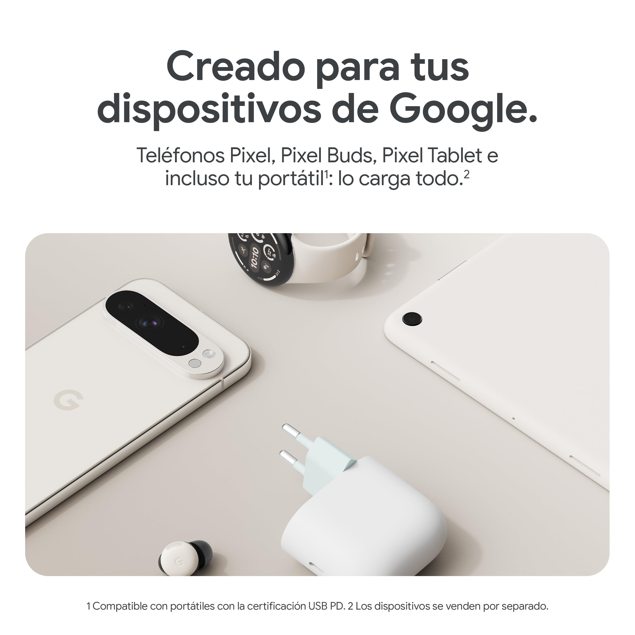 Cargador USB-C de 45 W de Google - Cargador de teléfono Pixel de Carga rápida - Compatible con los Productos de Creado por Google y Otros Dispositivos USB-C® - Nieve