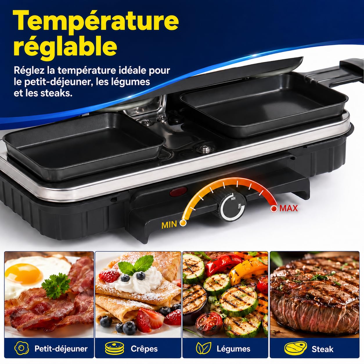 Griglia per Raclette, Raclette 8 Persone, 1300W Griglia Elettrica Antiaderente Reversibile con 8 Padelline per Formaggio Raclette in Miniatura e 1 Spatola di Legno, per Barbecue al Chiuso