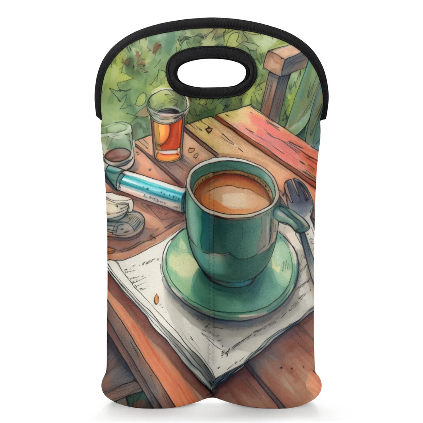 GzLeyigou 2 Bottles Afternoon Coffee Wine Bag Sleeve Totes Neoprene Protective Wine Carrier Bag for Wine,Water, Champagne, Beer, Baby Bottles,Gift 14.5 x 10 Inches