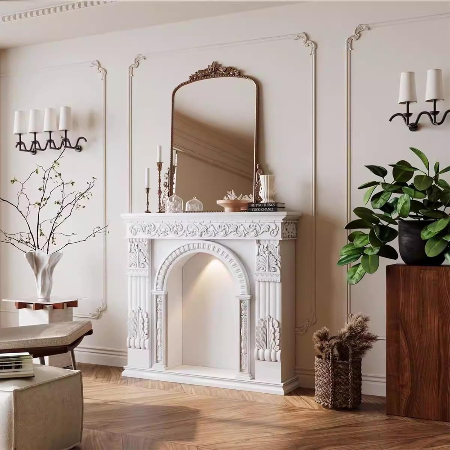 Fireplace Mantel Surround Ornate Carved Wood Fireplace Mantel with Arched Opening & Magnetic Light Classic(Black)