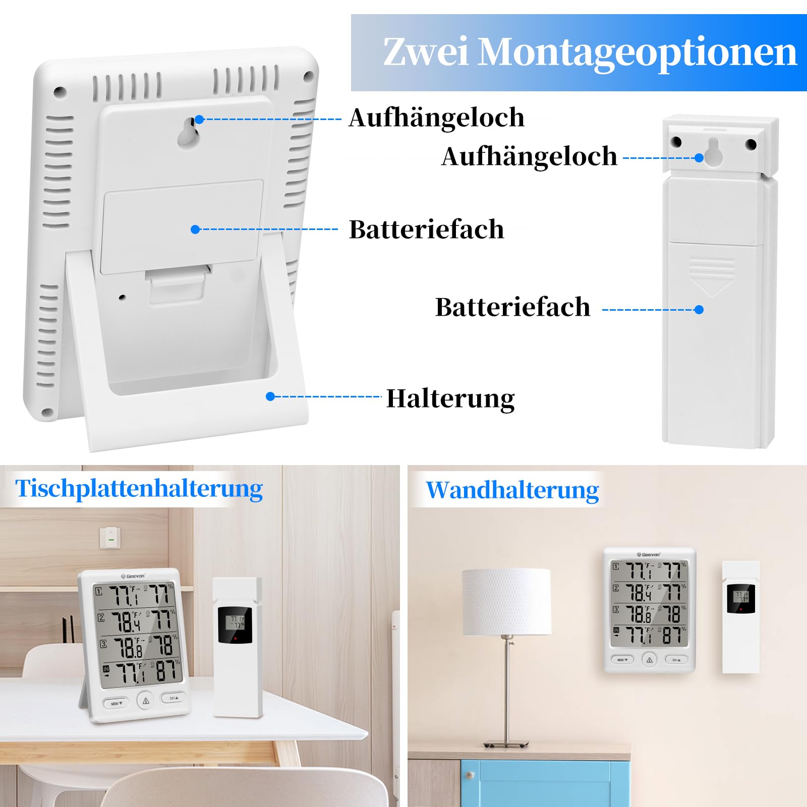 Geevon Thermometer Innen Außen mit 3 Fernsensoren, Hygrometer Digital, Temperatur und Luftfeuchtigkeitsmesser mit 60M/200FT Reichweite (228646 Weiß ohne Batterie)